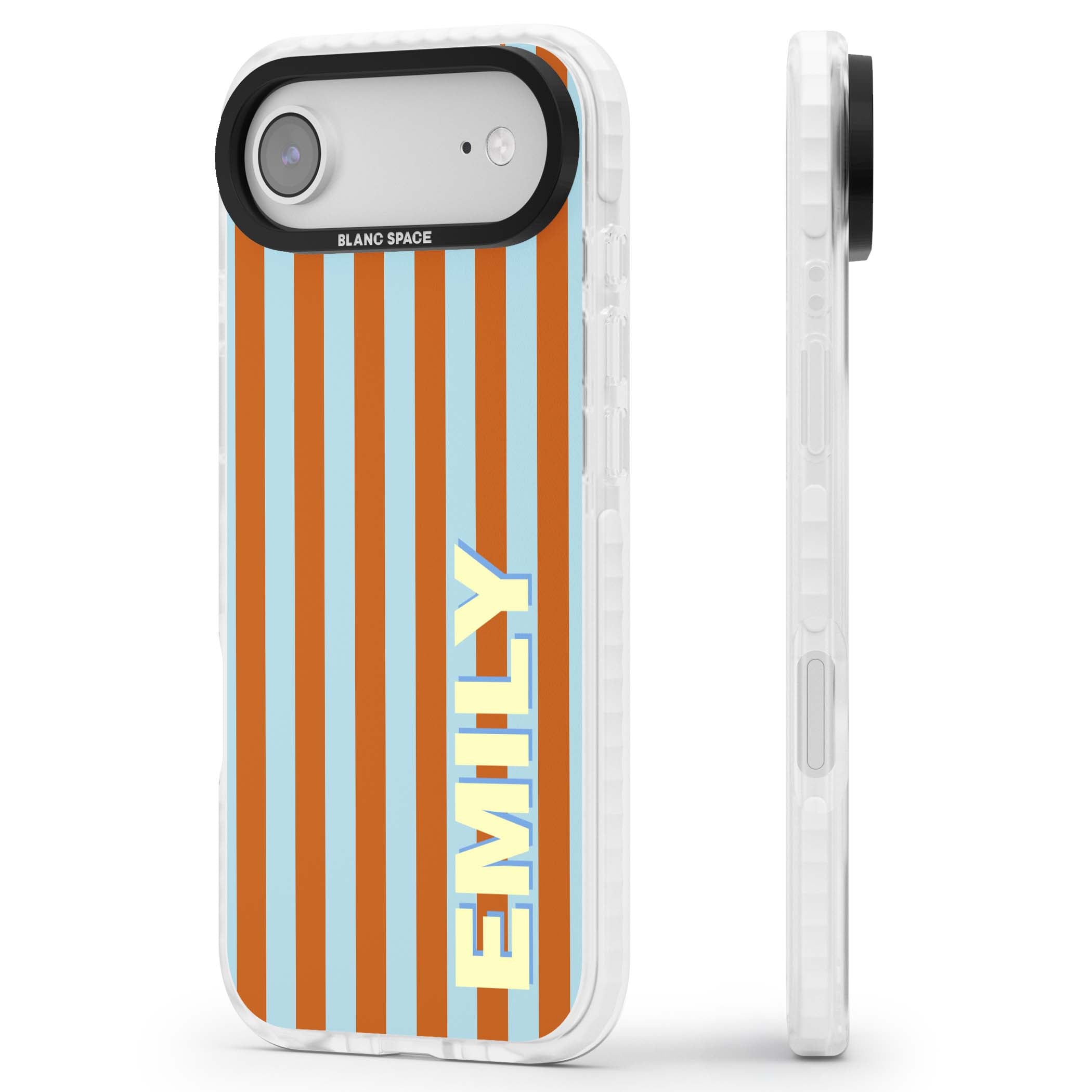 Cappadocia Stripe personalised coastal iPhone case featuring blue and orange vertical stripes with custom cream name | Black Impact case for iPhone Air