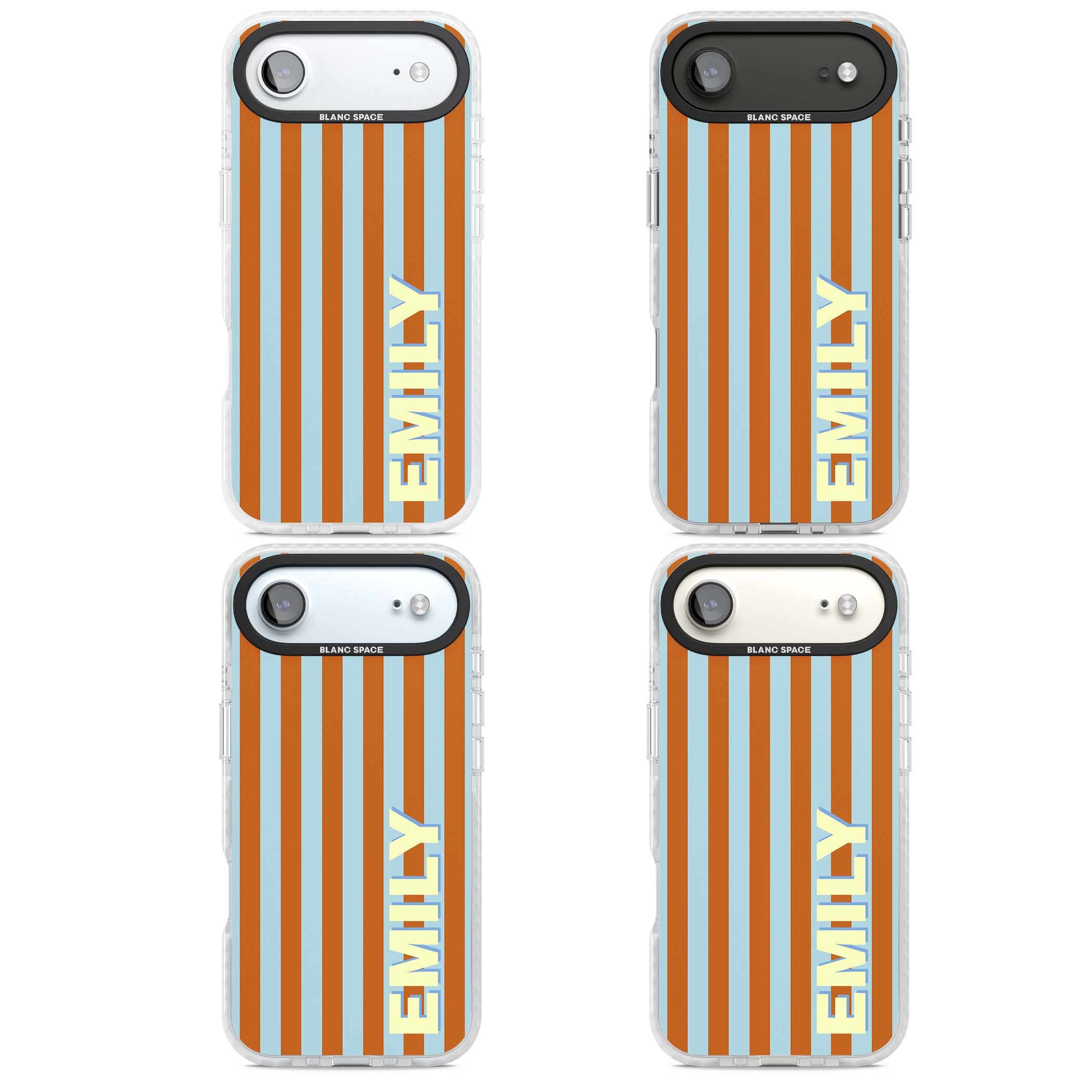 Cappadocia Stripe personalised coastal iPhone case featuring blue and orange vertical stripes with custom cream name | Black Impact case for iPhone Air