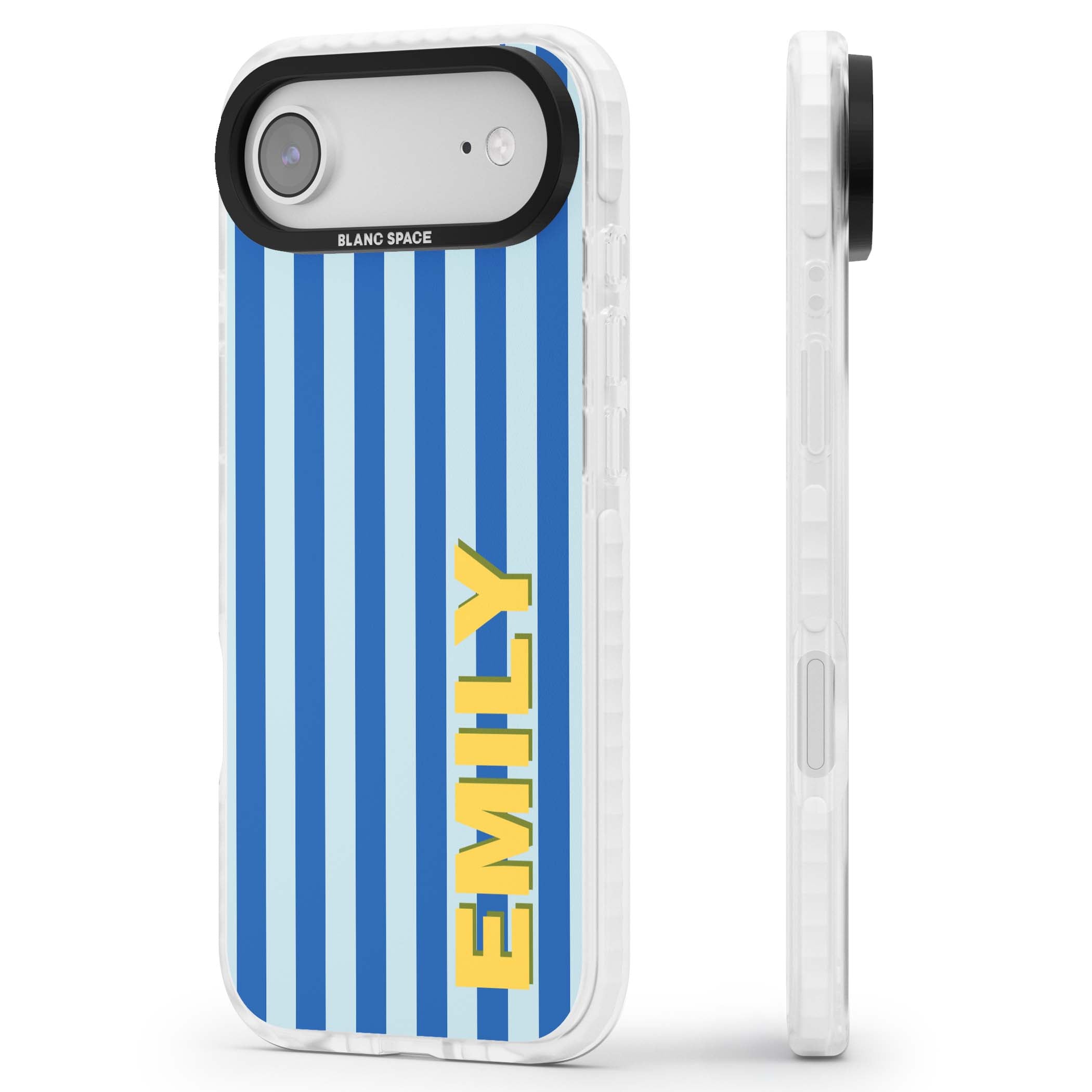 Athenian Stripe personalised preppy iPhone case featuring blue vertical stripes and a custom yellow name | Black Impact case for iPhone Air