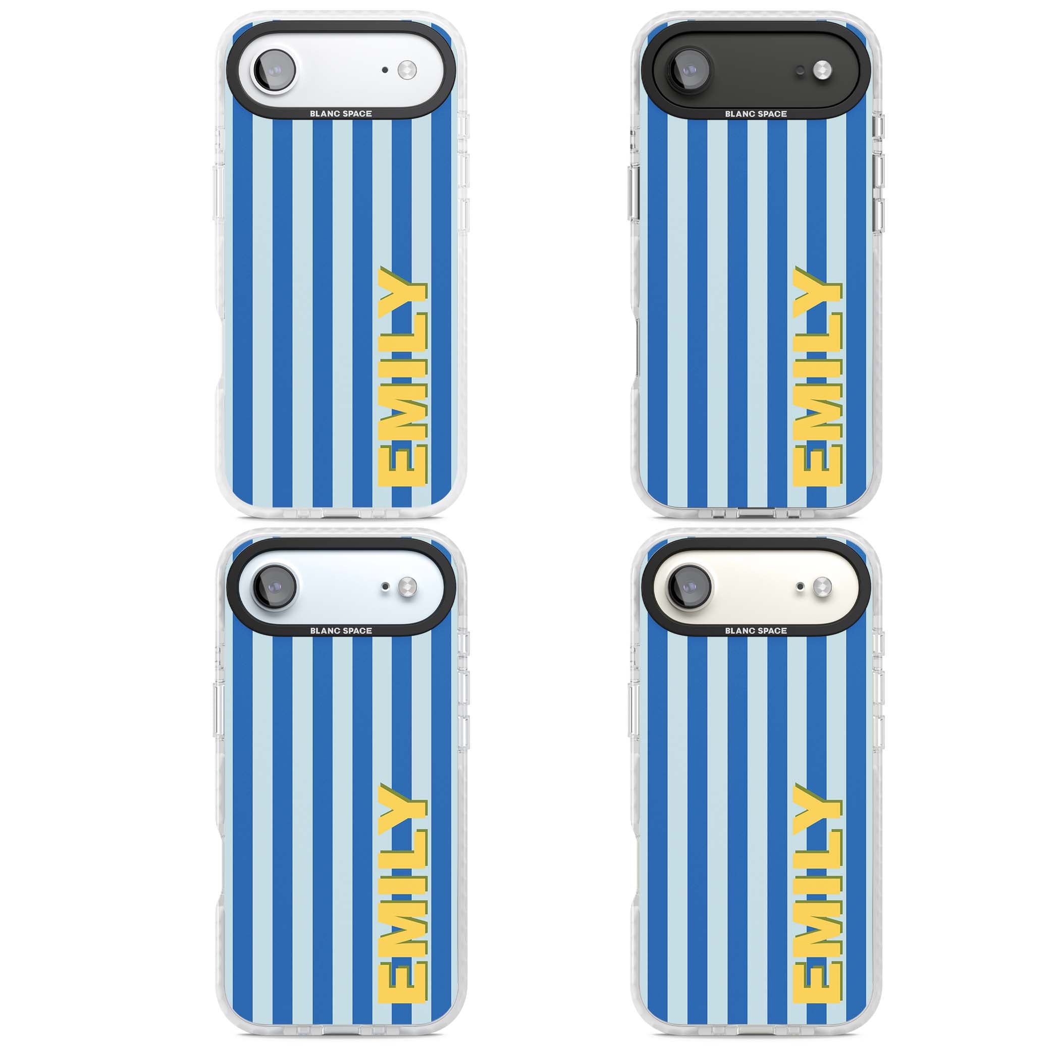 Athenian Stripe personalised preppy iPhone case featuring blue vertical stripes and a custom yellow name | Black Impact case for iPhone Air