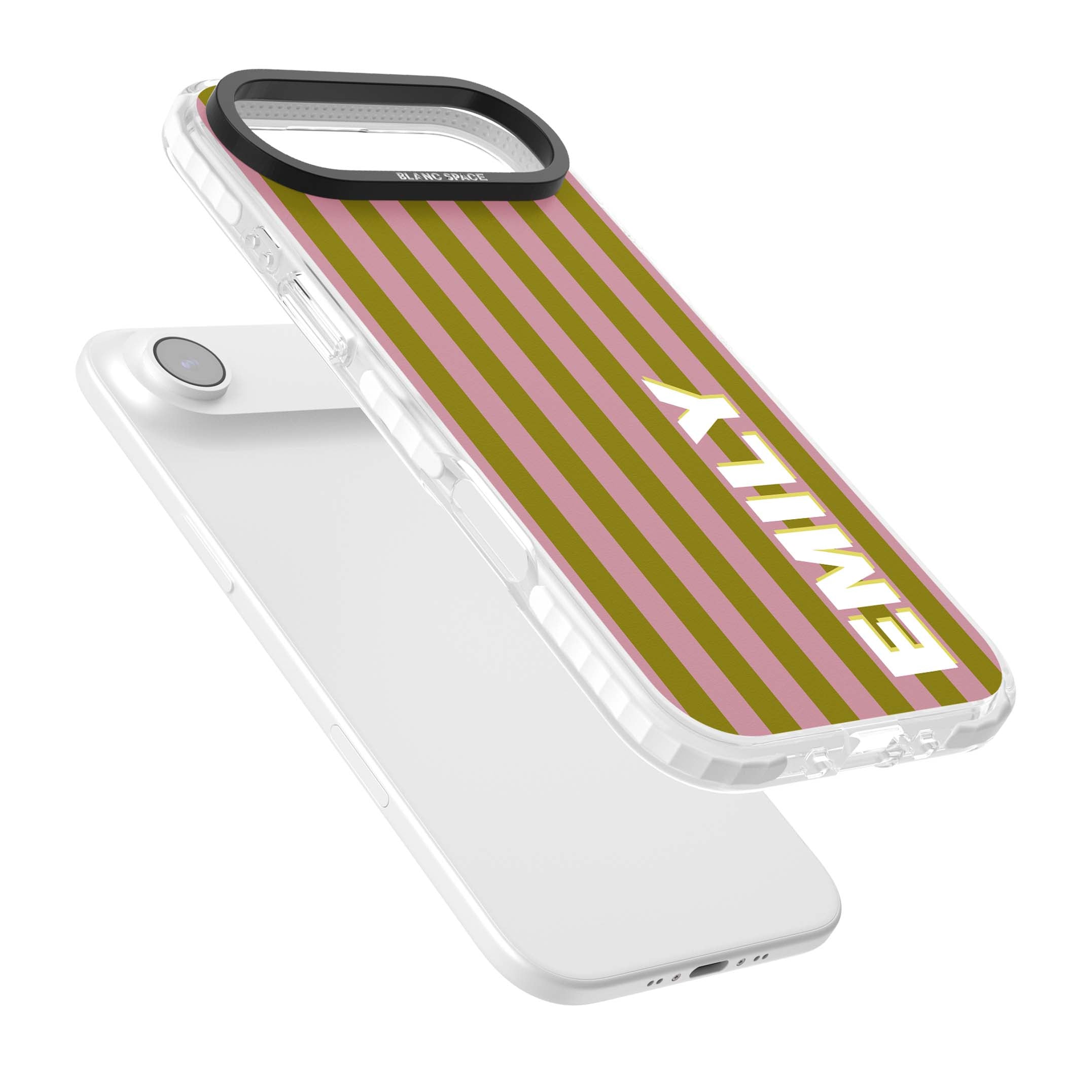 Istanbul Stripe personalised iPhone case featuring pink and olive green vertical stripes with a custom vertical name | Black Impact case for iPhone Air