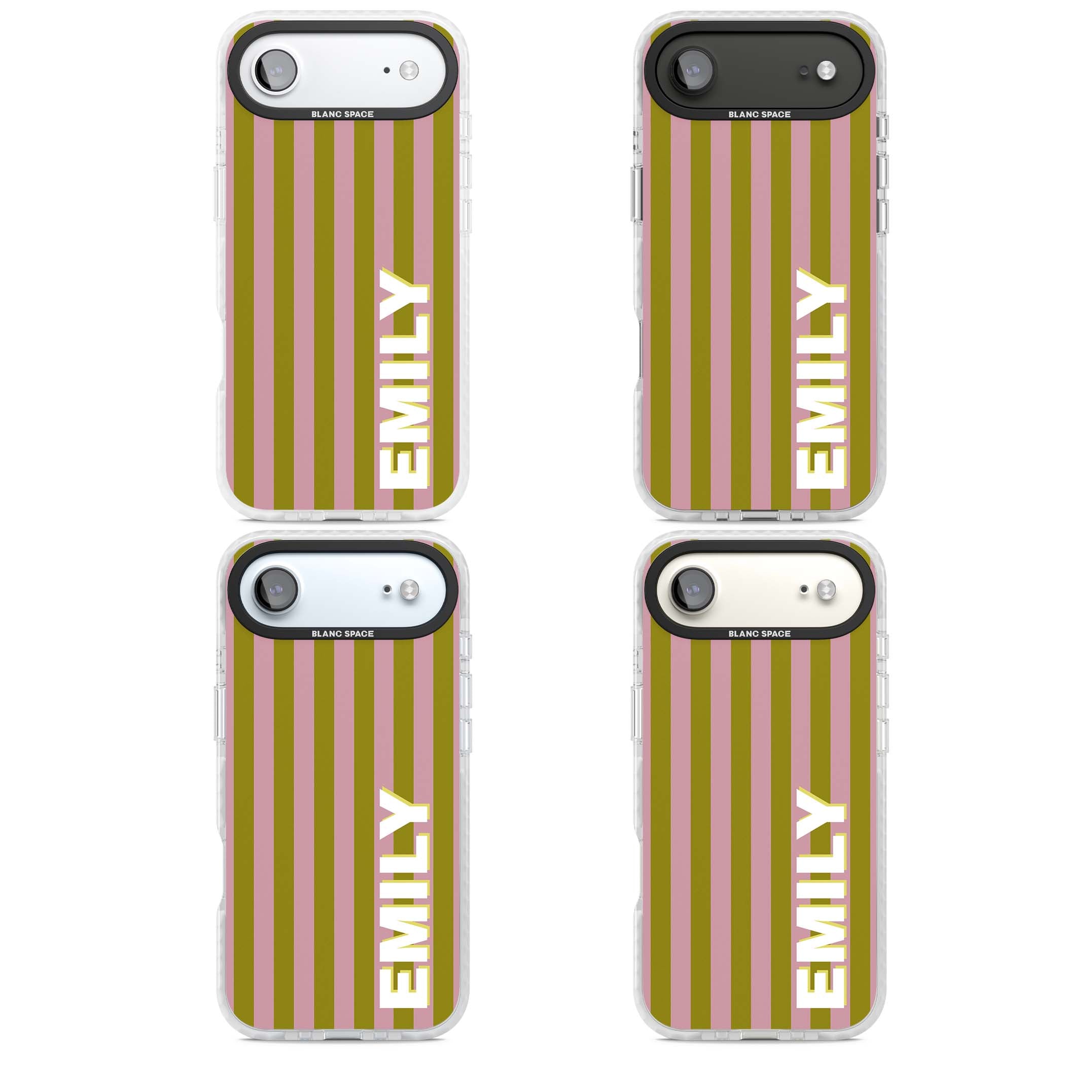 Istanbul Stripe personalised iPhone case featuring pink and olive green vertical stripes with a custom vertical name | Black Impact case for iPhone Air
