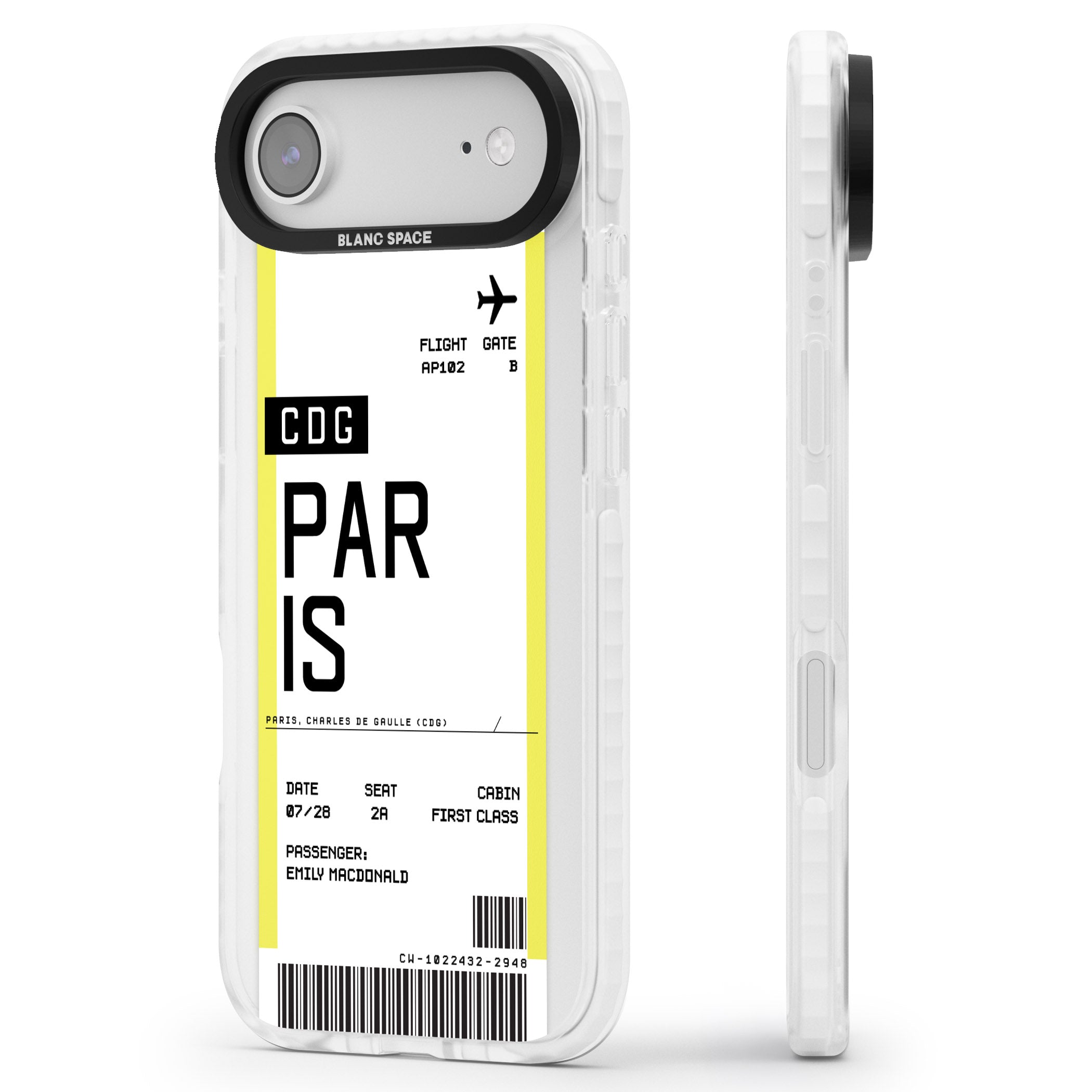 Personalised Paris Boarding Pass iPhone 17 Air Impact Clear Phone Case Side Profile