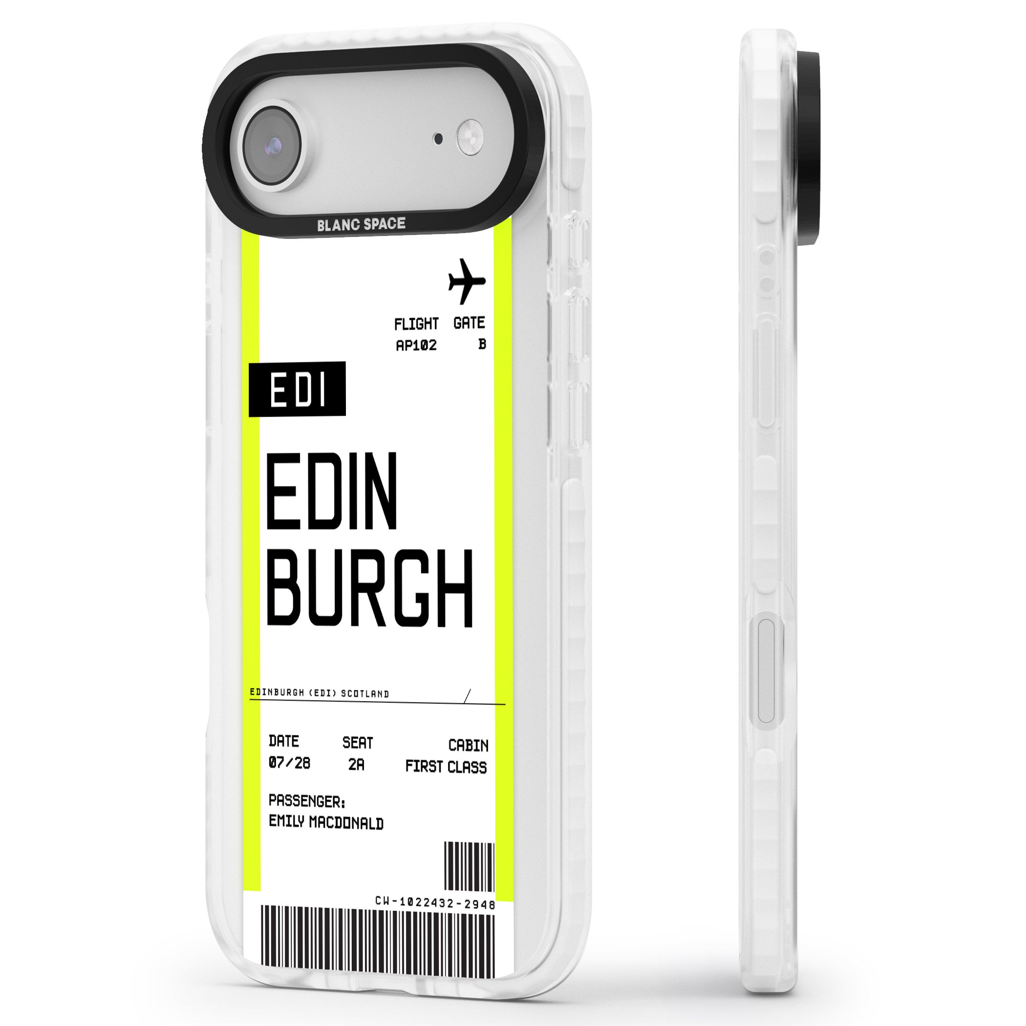 Personalised Edinburgh Boarding Pass iPhone 17 Air Impact Clear Phone Case Side Profile