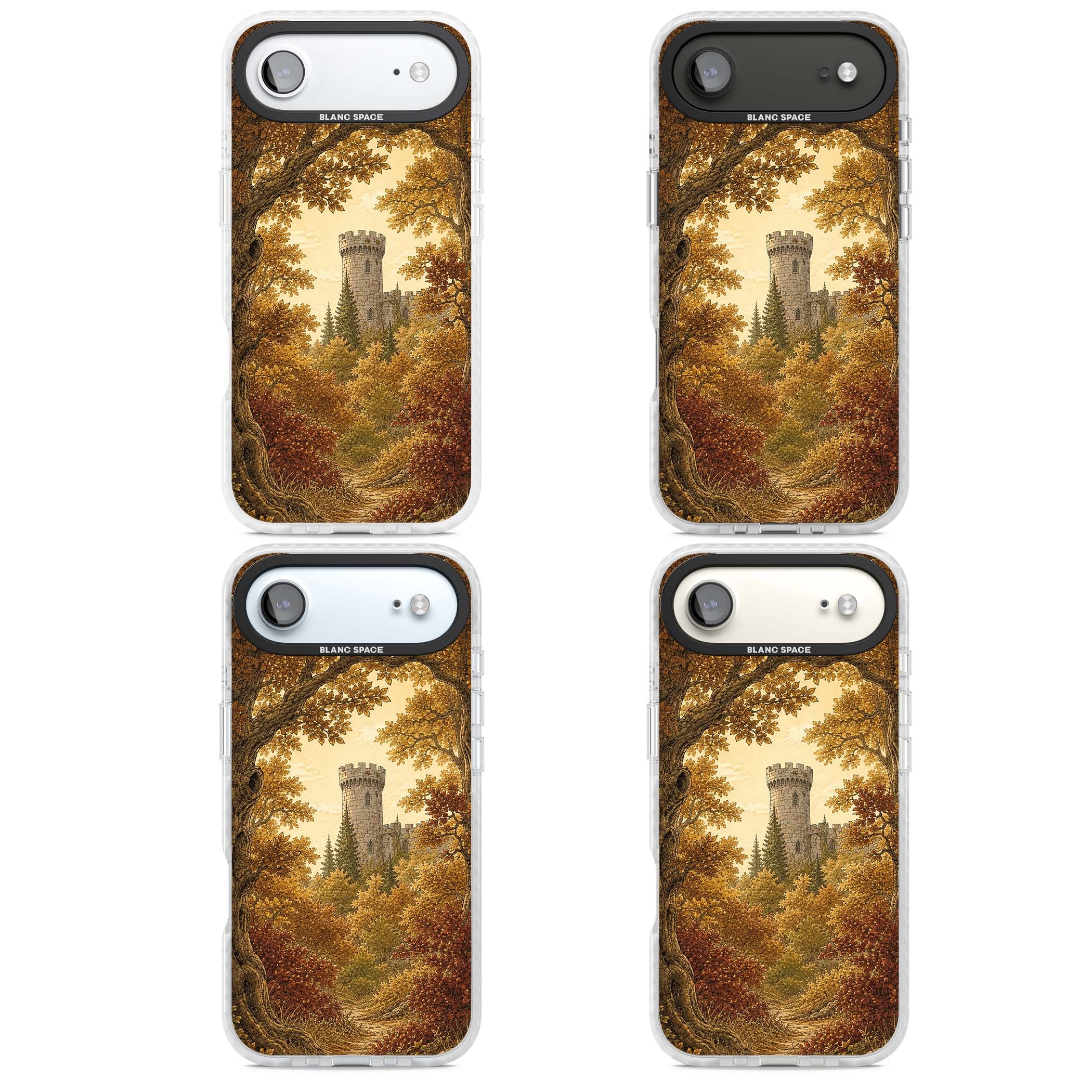 Autumn Keep cottagecore iPhone case featuring a medieval castle tower framed by golden autumn trees and woodland foliage | Black Impact case for iPhone Air