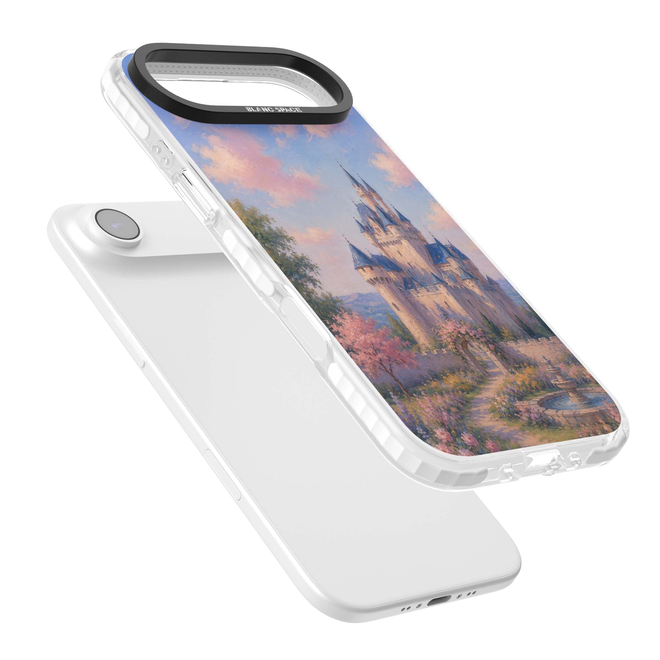 Enchanted Kingdom fairytale iPhone case featuring a romantic castle painting with cherry blossoms and pastel pink sky | Black Impact case for iPhone Air