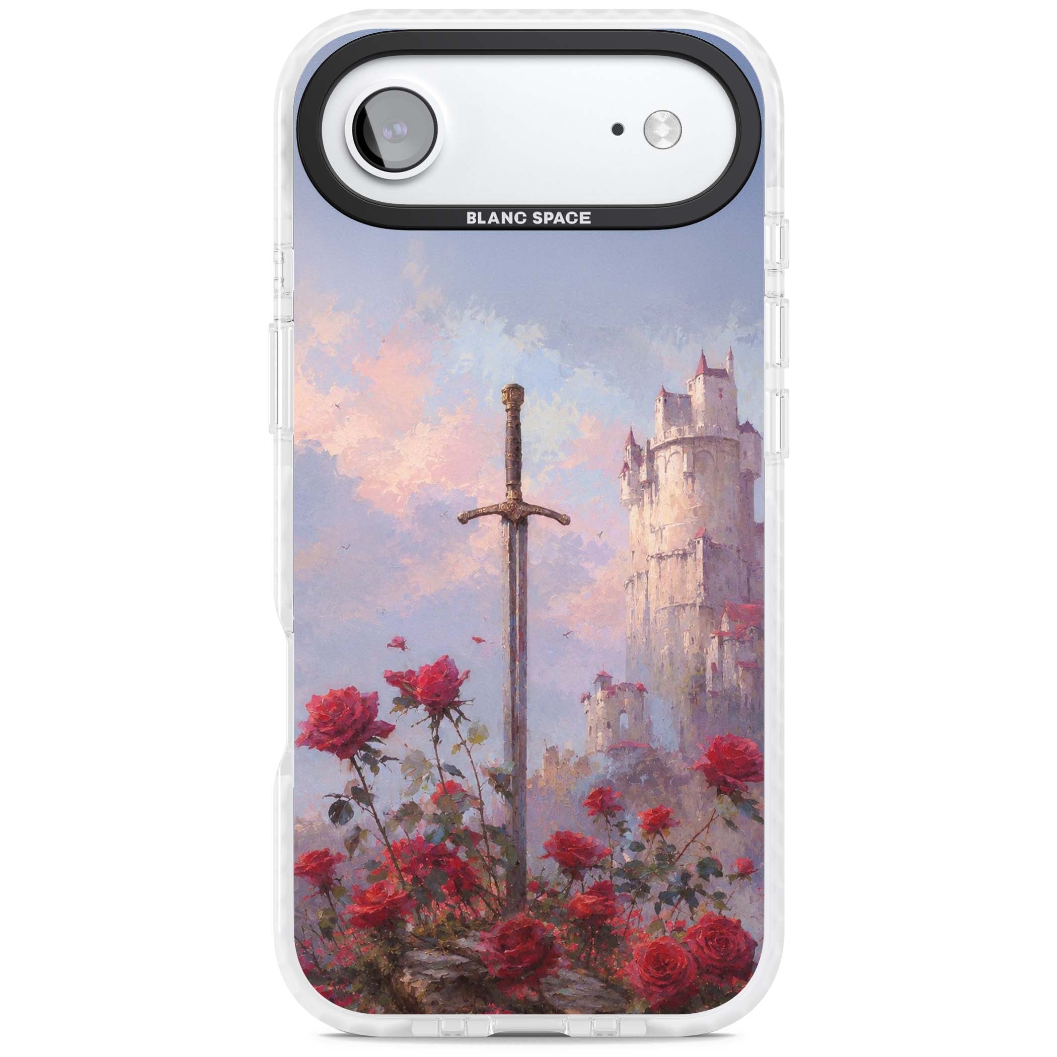 Sword in Roses medieval art iPhone case featuring a sword, red roses, and a misty fairytale castle at sunset | Black Impact case for iPhone Air