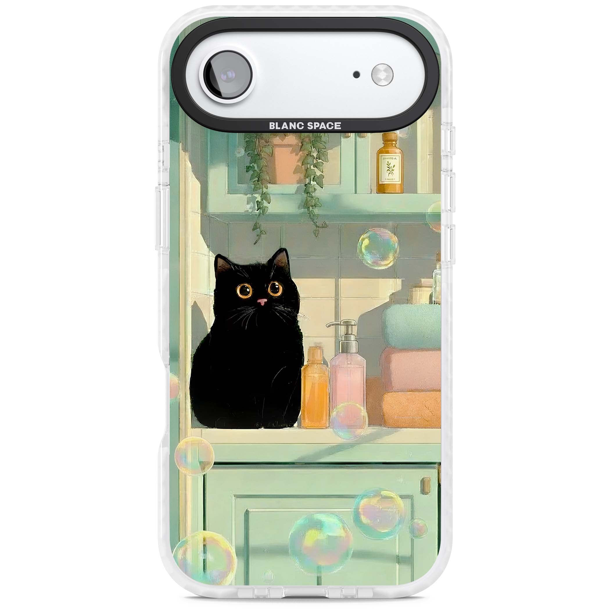 Bathroom Bubble Kitty cottagecore iPhone case featuring a black cat, mint bathroom scene and floating soap bubbles | Black Impact case for iPhone Air