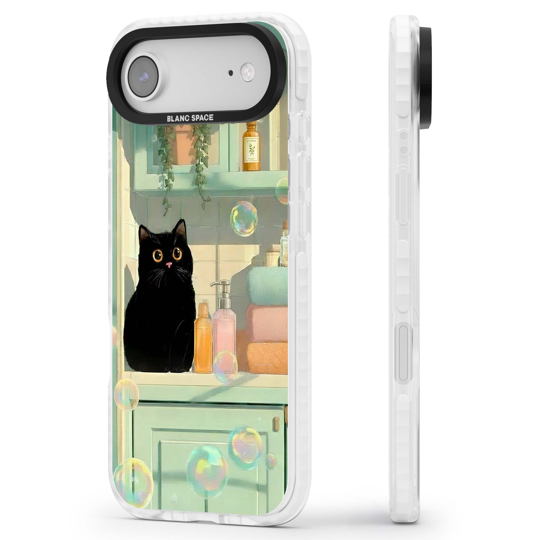 Bathroom Bubble Kitty cottagecore iPhone case featuring a black cat, mint bathroom scene and floating soap bubbles | Black Impact case for iPhone Air
