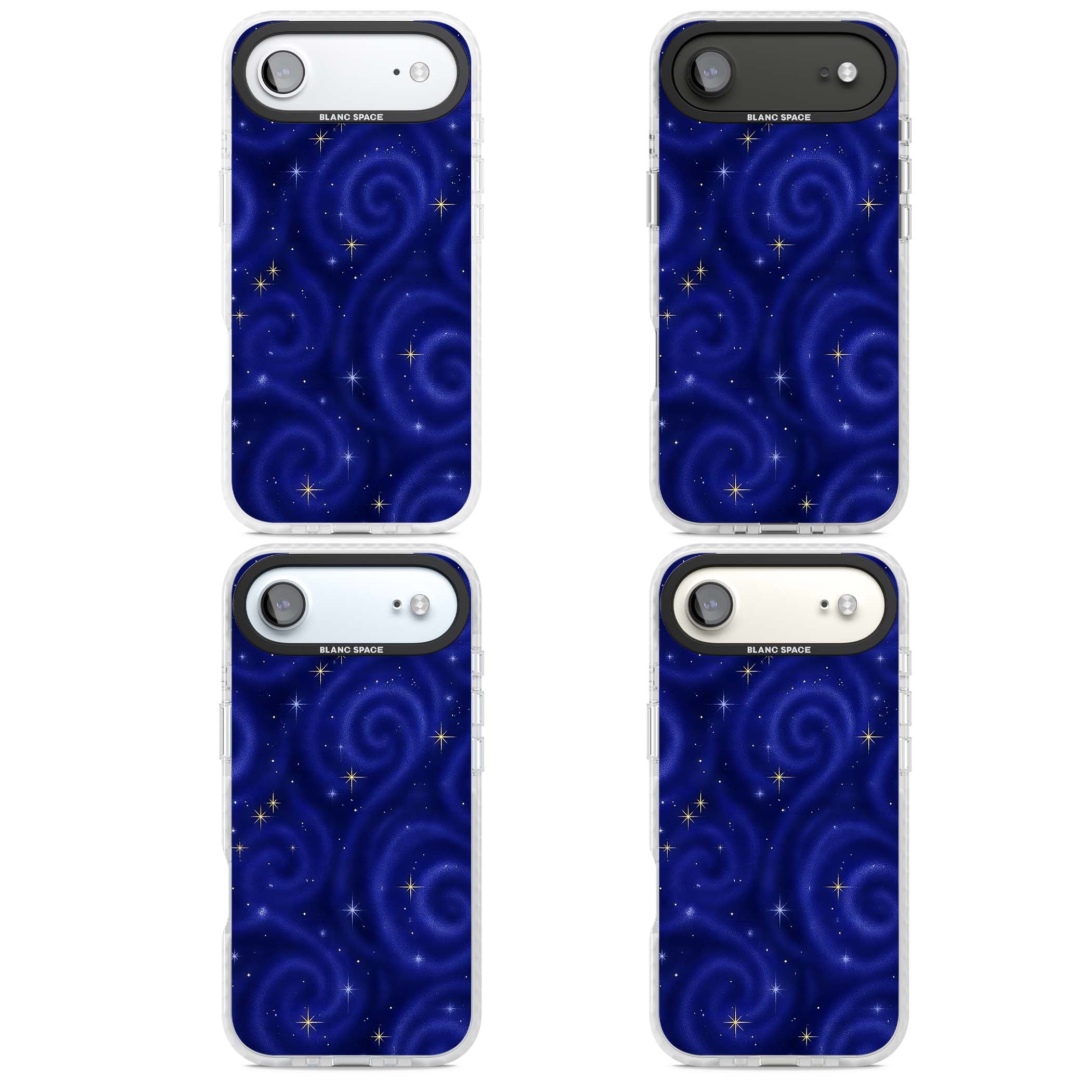 Indigo Cosmos celestial iPhone case featuring swirling navy night sky and sparkling golden stars | Black Impact case for iPhone Air