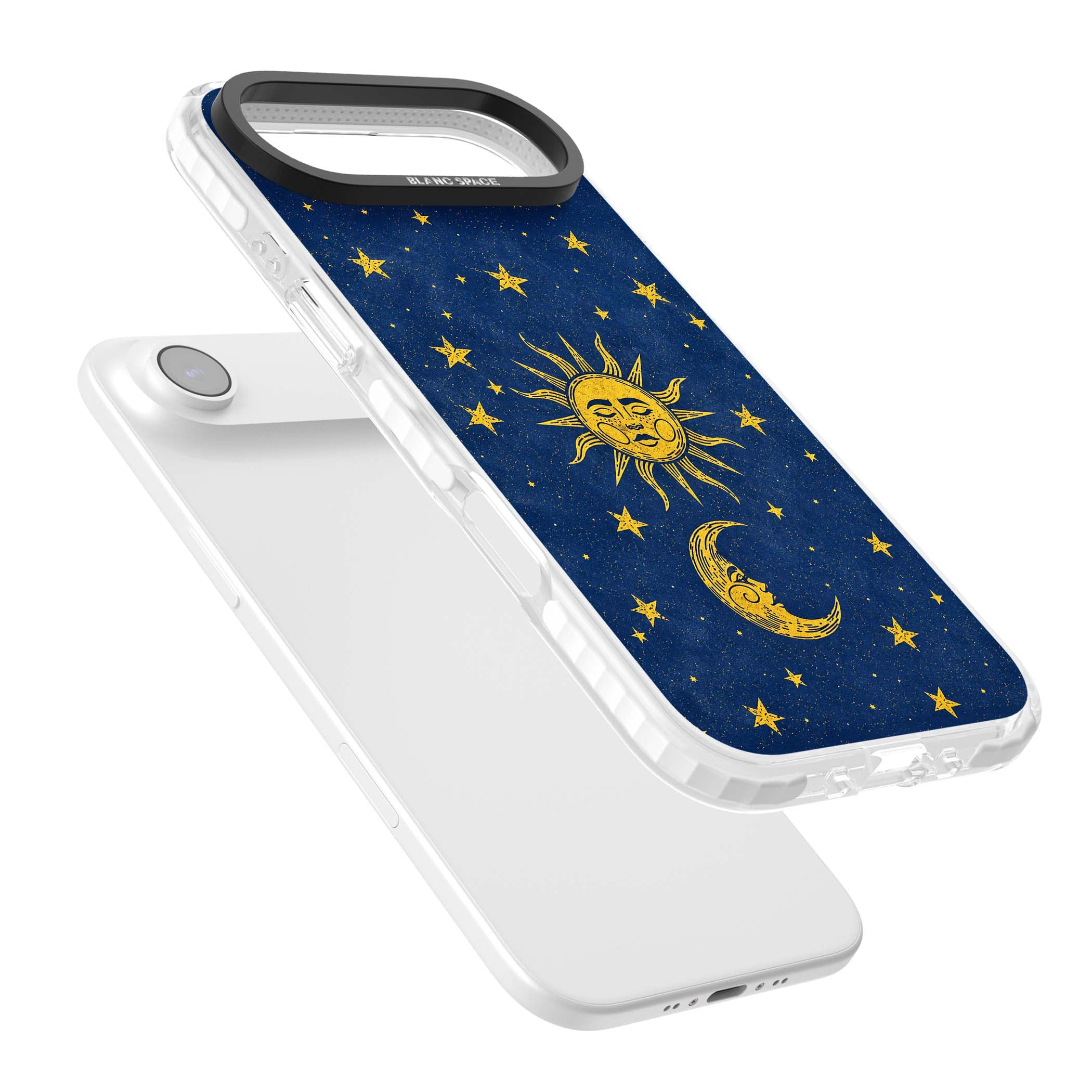 Sun & Moon Reverie celestial iPhone case featuring a vintage golden sun, crescent moon and scattered stars on midnight blue | Black Impact case for iPhone Air