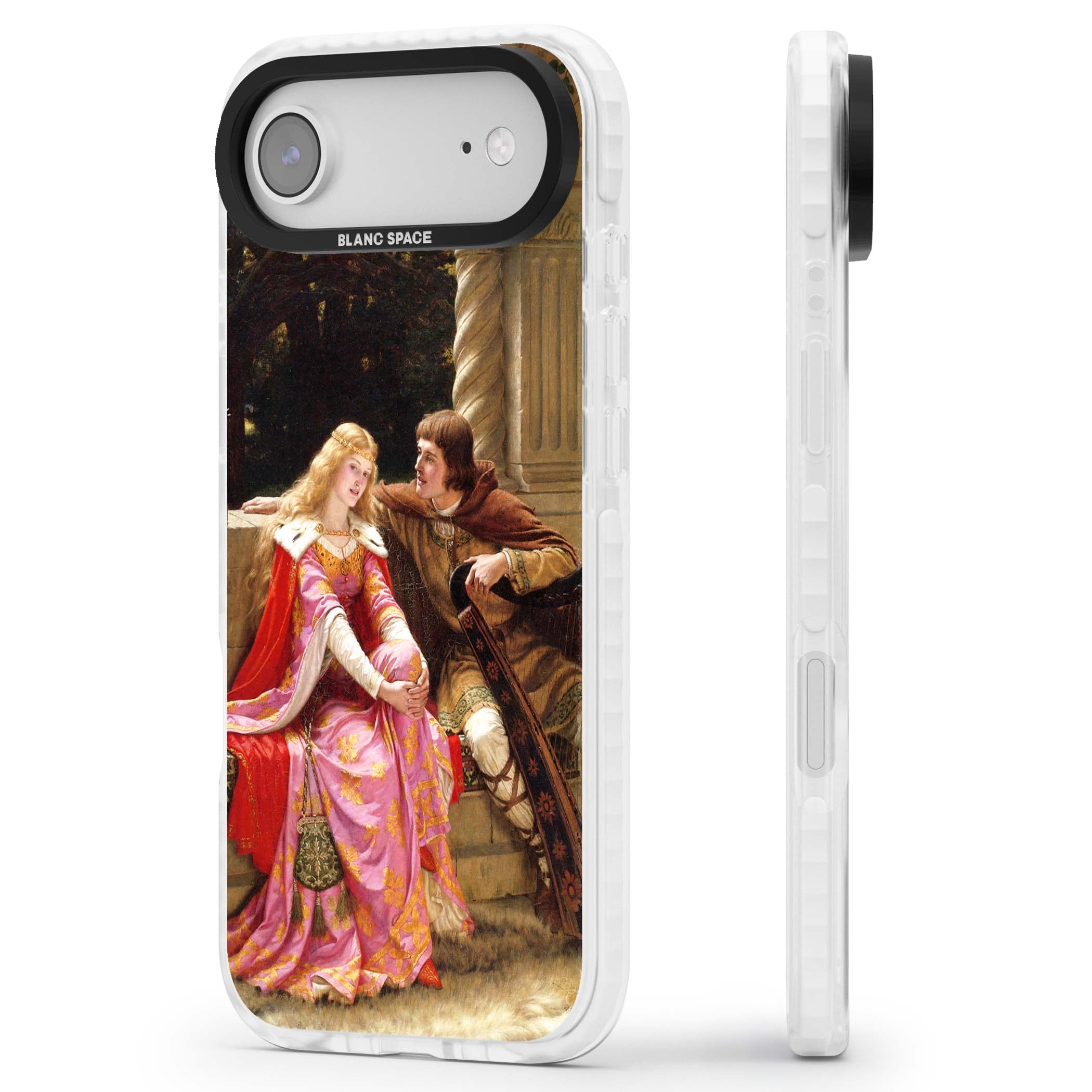 The End of the Song classic art iPhone case featuring a medieval lady in pink gown and her knight in a stone archway | Black Impact case for iPhone Air