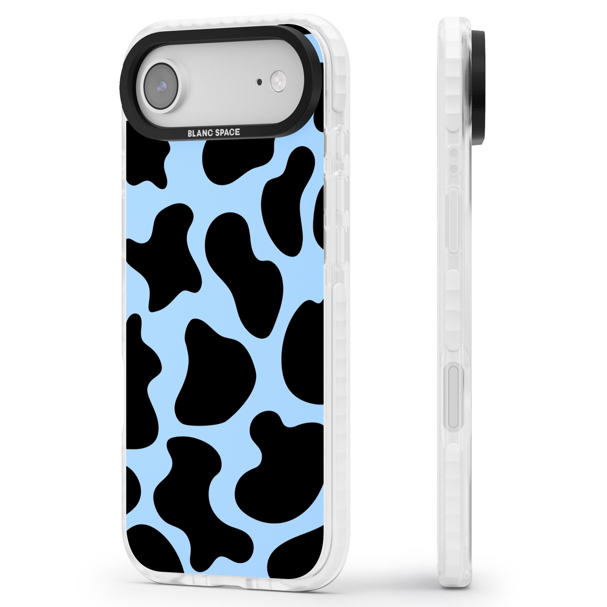 Blue And Black Cow Print iPhone 17 Air Impact Clear Phone Case Side Profile