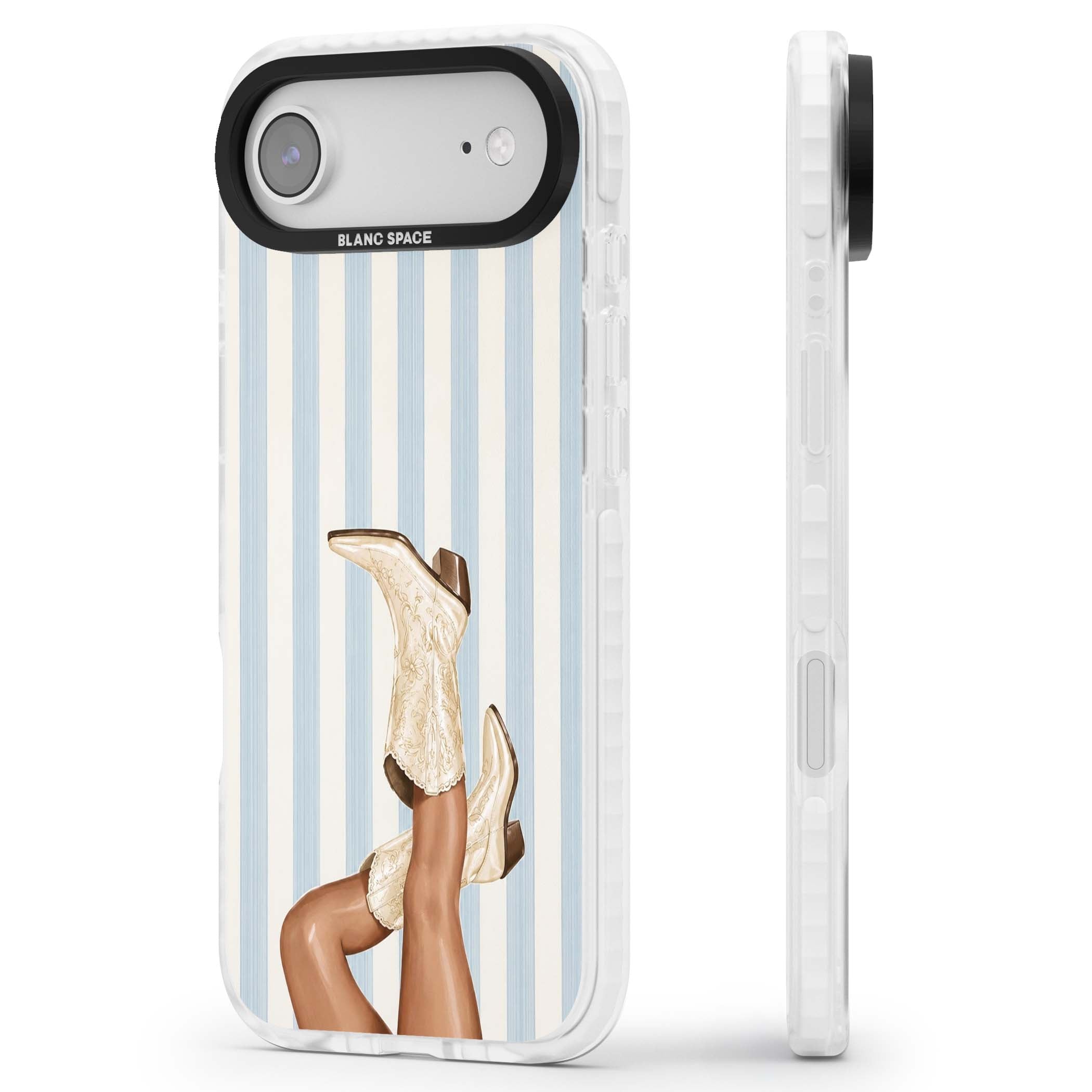 Cowgirl Boots coastal cowgirl iPhone case featuring embroidered western boots, tanned legs and a blue stripe backdrop | Black Impact case for iPhone Air