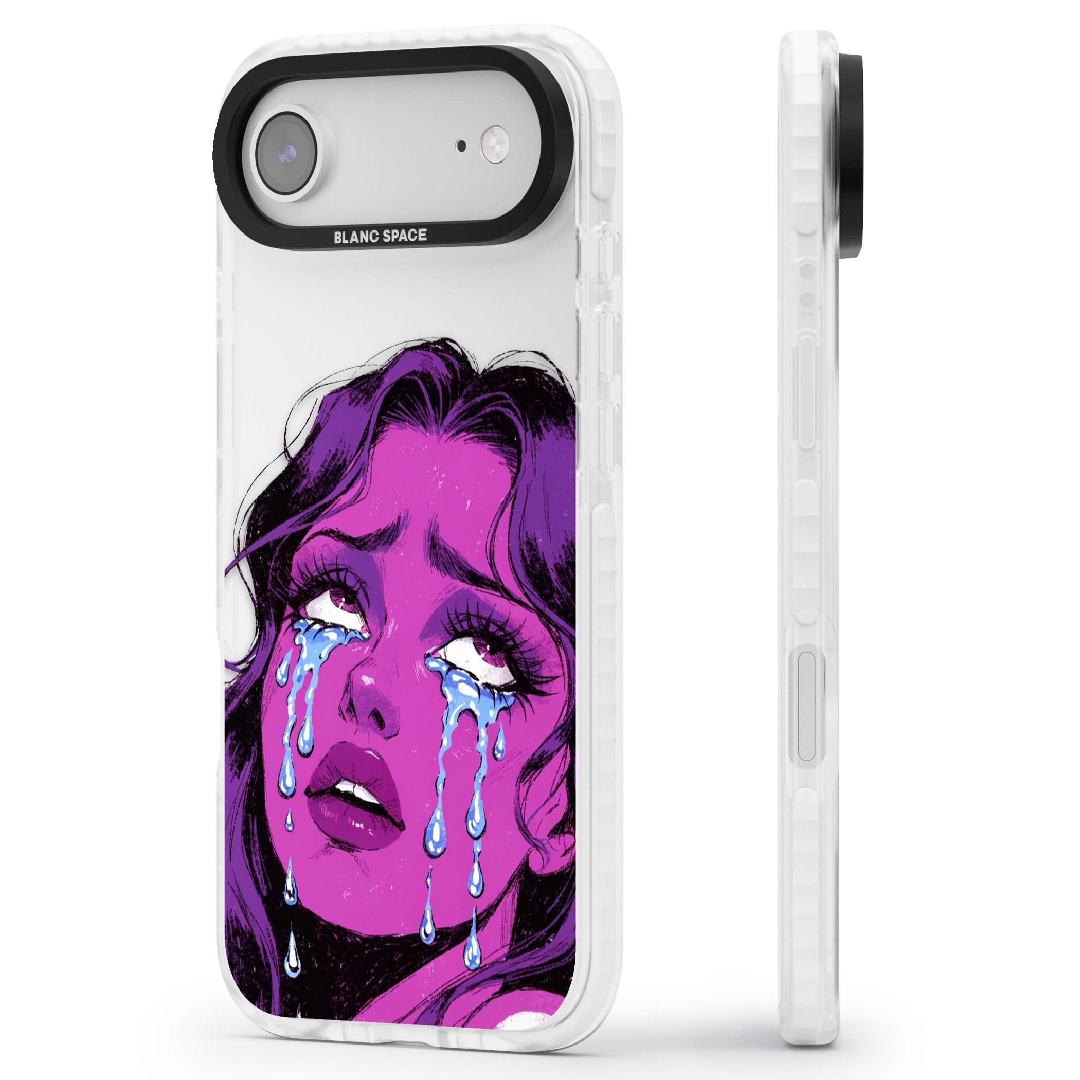 Drama Queen pop art iPhone case featuring a purple crying comic girl with blue tears | Black Impact case for iPhone Air