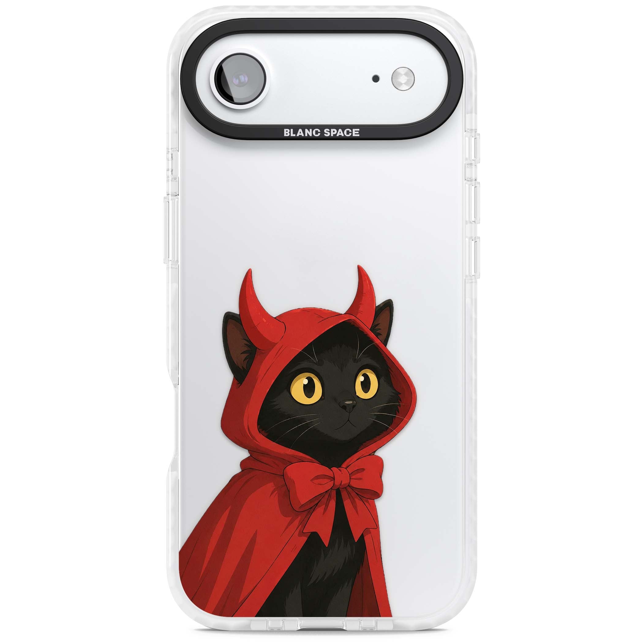 Little Devil halloween iPhone case featuring a black cat in a red hooded devil cloak with horns and golden eyes | Black Impact case for iPhone Air