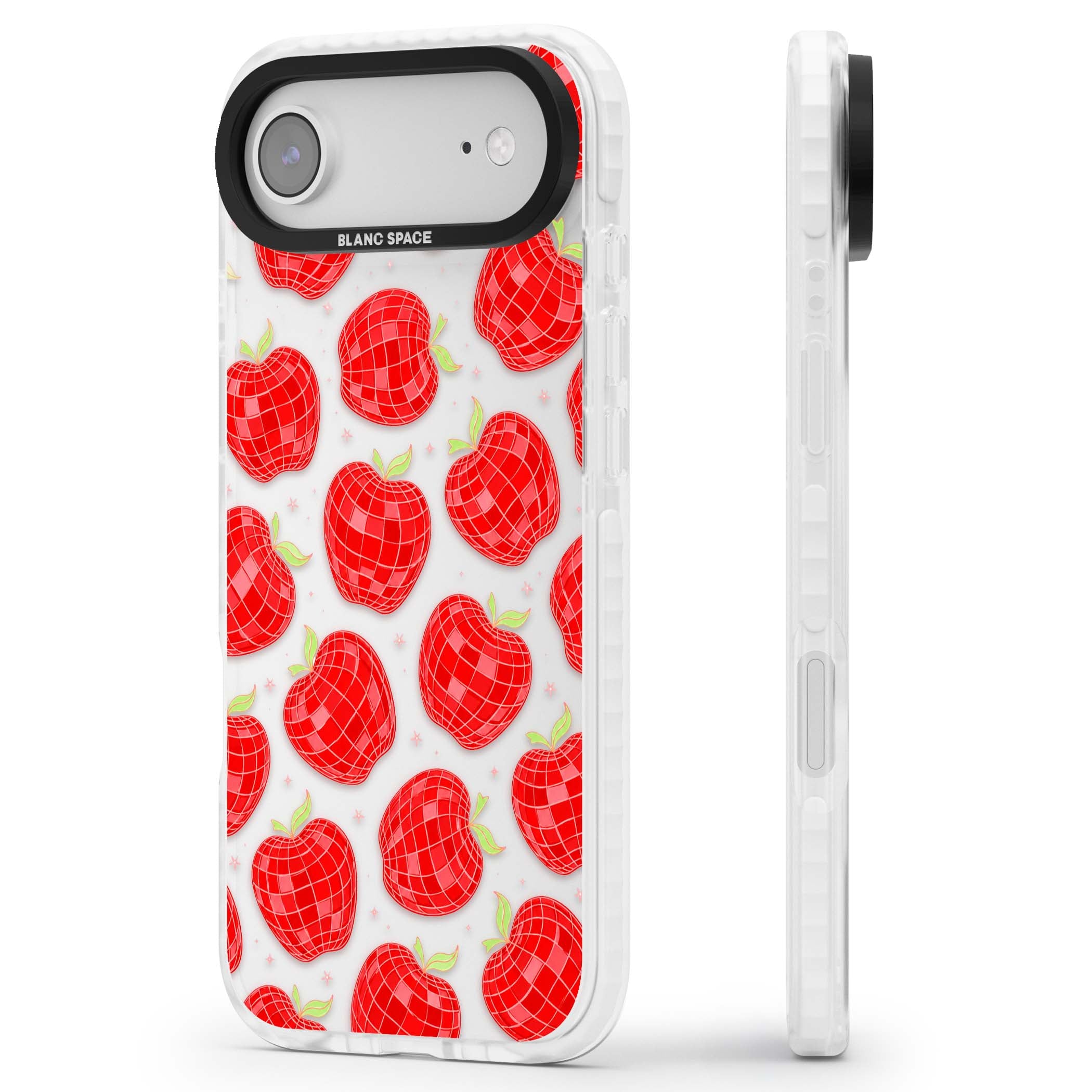 Disco Apples Y2K iPhone case featuring red disco ball apples, green leaves and pink sparkles on clear | Black Impact case for iPhone Air