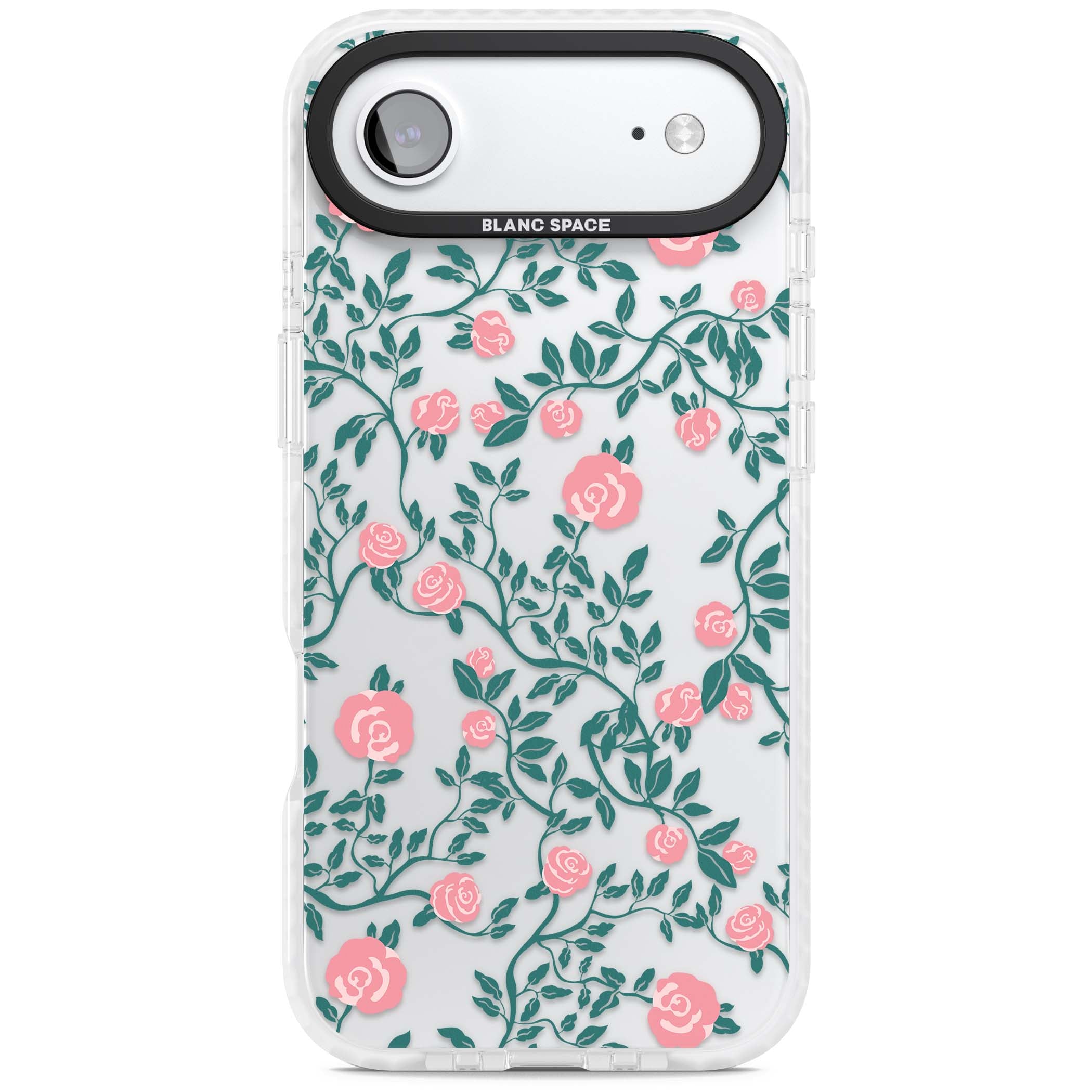 Rose Trellis (Clear) cottagecore iPhone case featuring pink climbing roses and green leaves on clear background | Black Impact case for iPhone Air