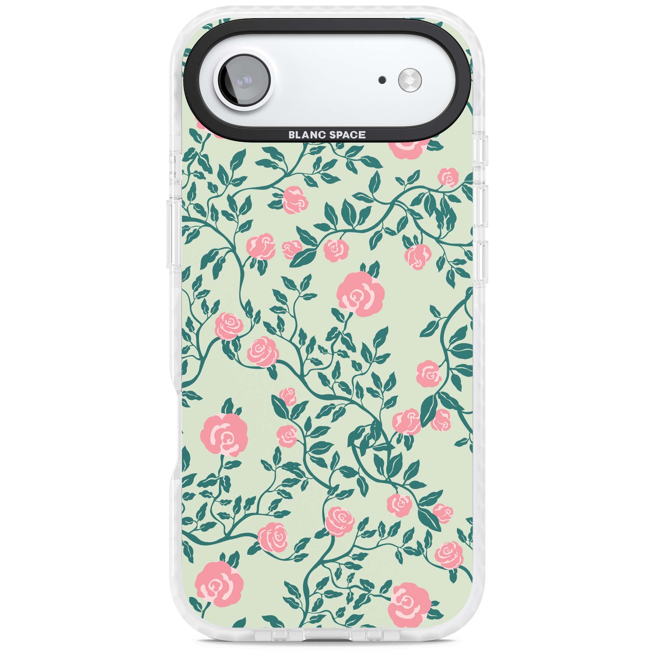 Rose Trellis cottagecore iPhone case featuring pink roses, sage green vines, and mint background | Black Impact case for iPhone Air