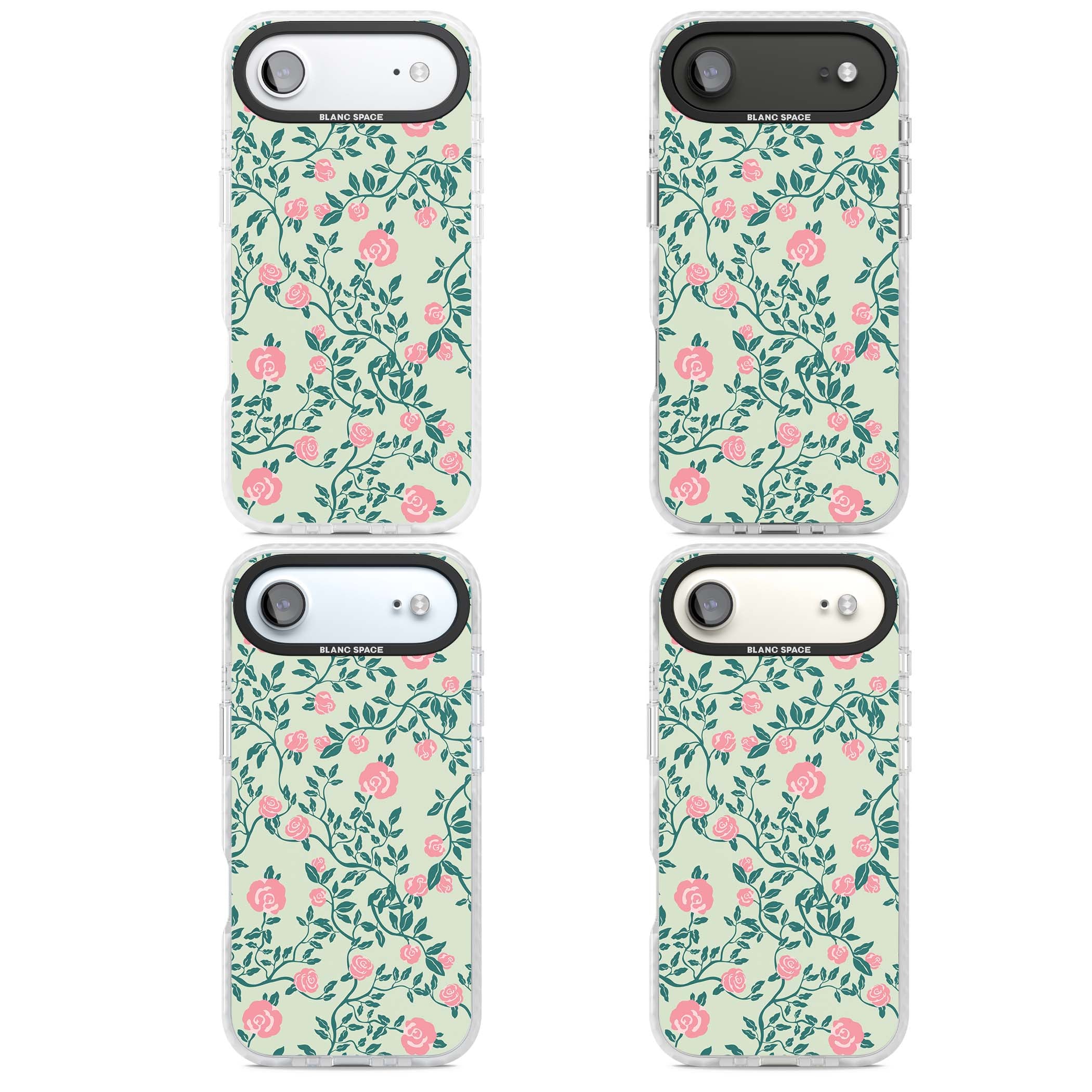 Rose Trellis cottagecore iPhone case featuring pink roses, sage green vines, and mint background | Black Impact case for iPhone Air
