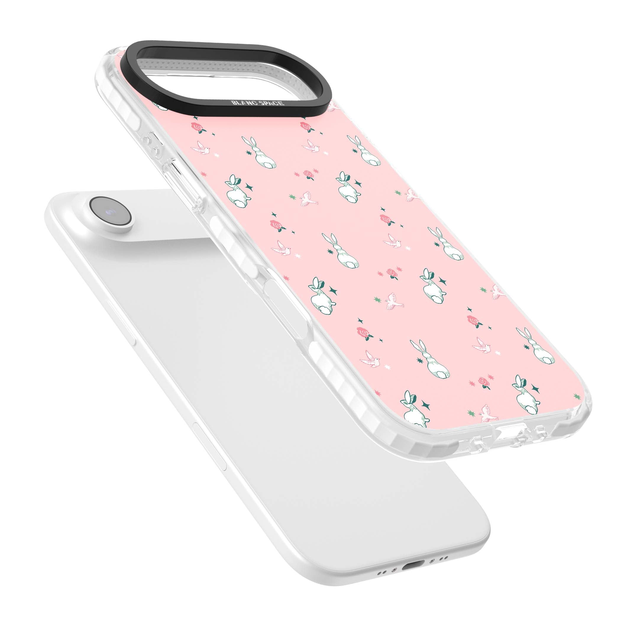 Bunny Garden kawaii iPhone case featuring white rabbits, pink roses, doves and stars on pink background | Black Impact case for iPhone Air