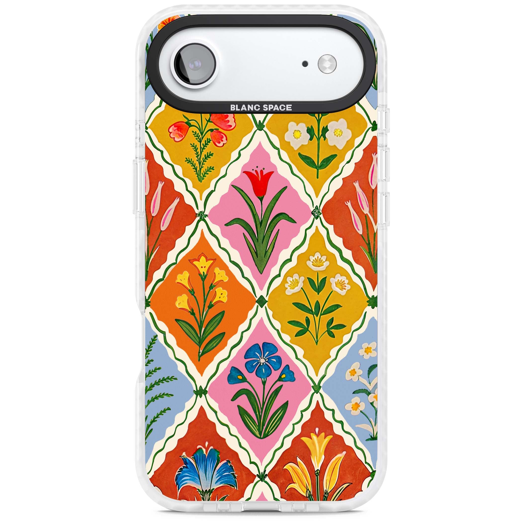 Floral Quilt boho floral iPhone case featuring diamond lattice pattern, hand-painted tulips and folk art wildflowers | Black Impact case for iPhone Air