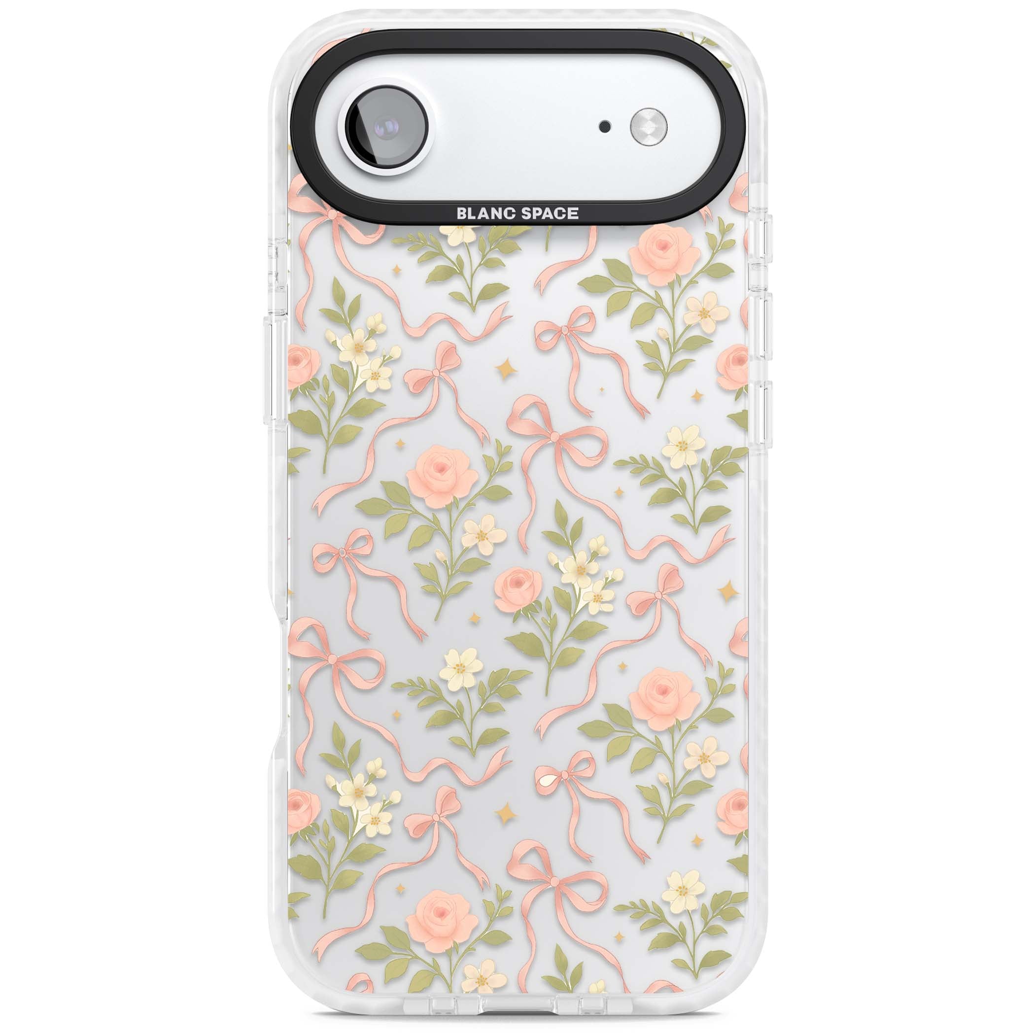 Ribbon Garden coquette iPhone case featuring pink bows, peach roses and wildflowers on white background | Black Impact case for iPhone Air