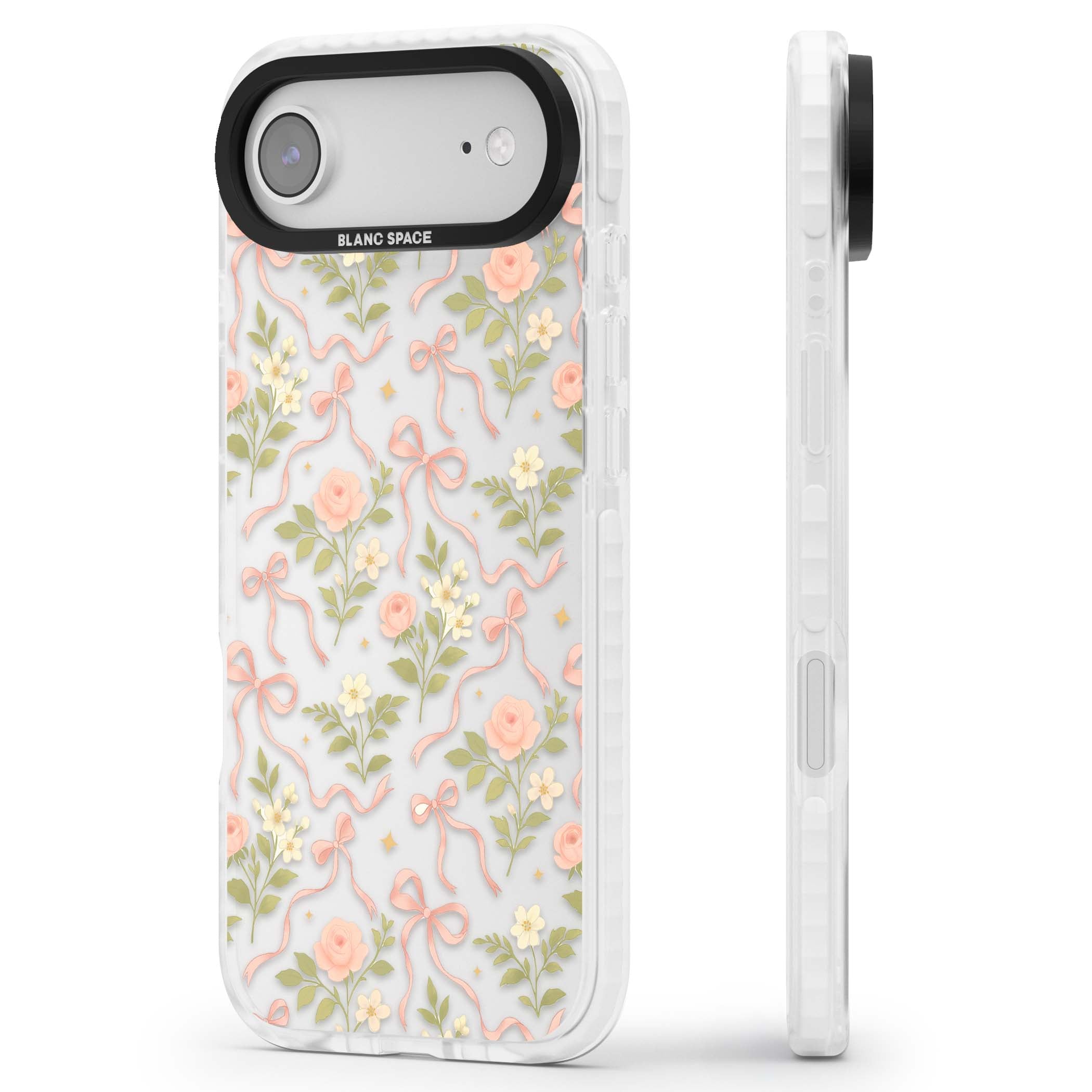 Ribbon Garden coquette iPhone case featuring pink bows, peach roses and wildflowers on white background | Black Impact case for iPhone Air