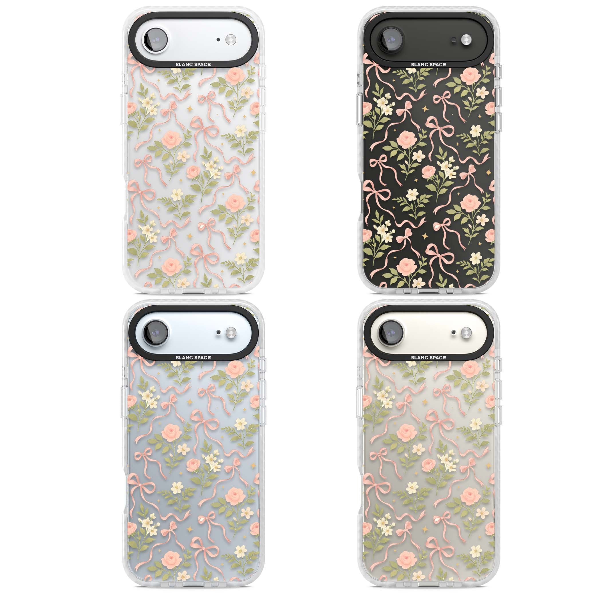 Ribbon Garden coquette iPhone case featuring pink bows, peach roses and wildflowers on white background | Black Impact case for iPhone Air