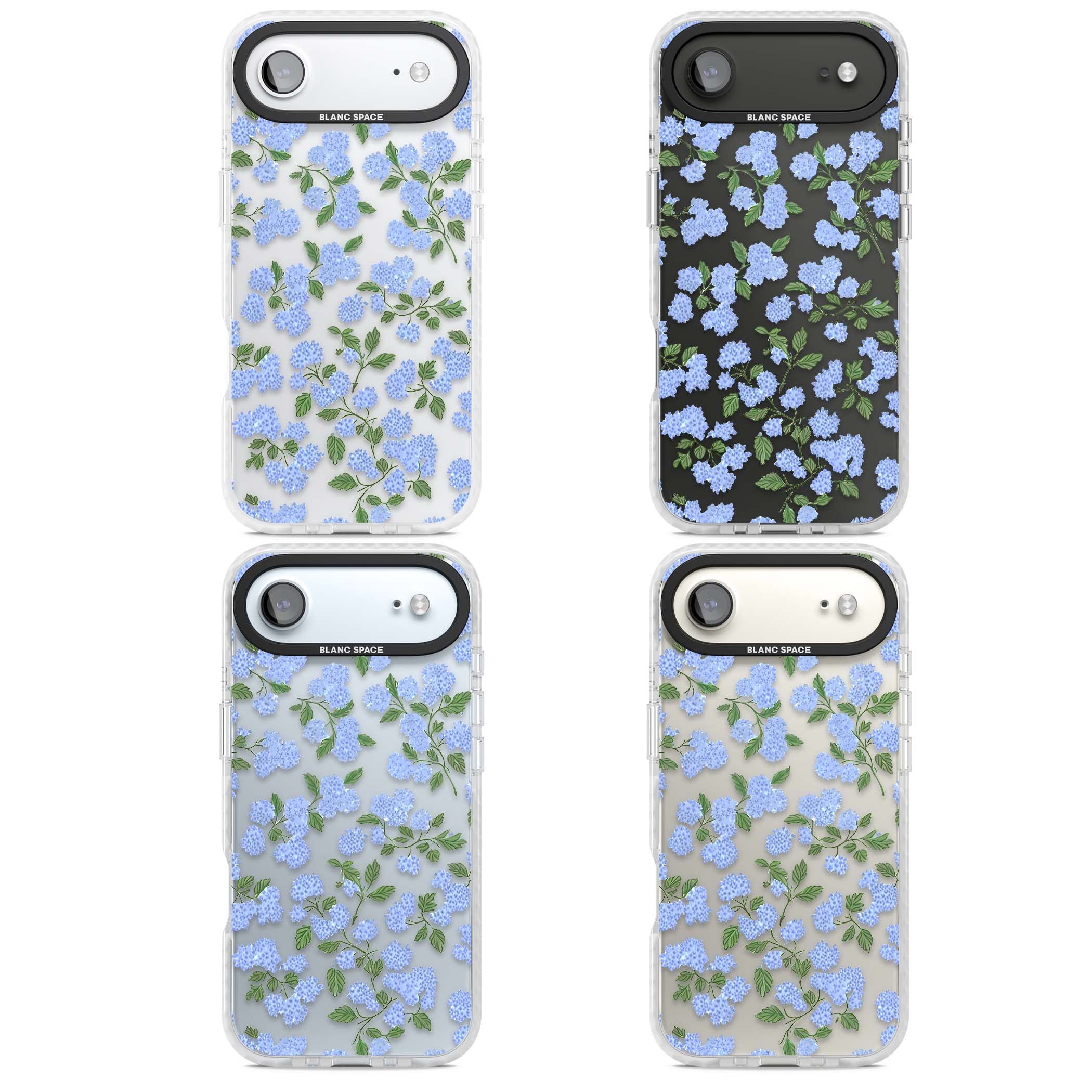 Hydrangea Dreams cottagecore iPhone case featuring soft blue hydrangea flower clusters and green leaves | Black Impact case for iPhone Air