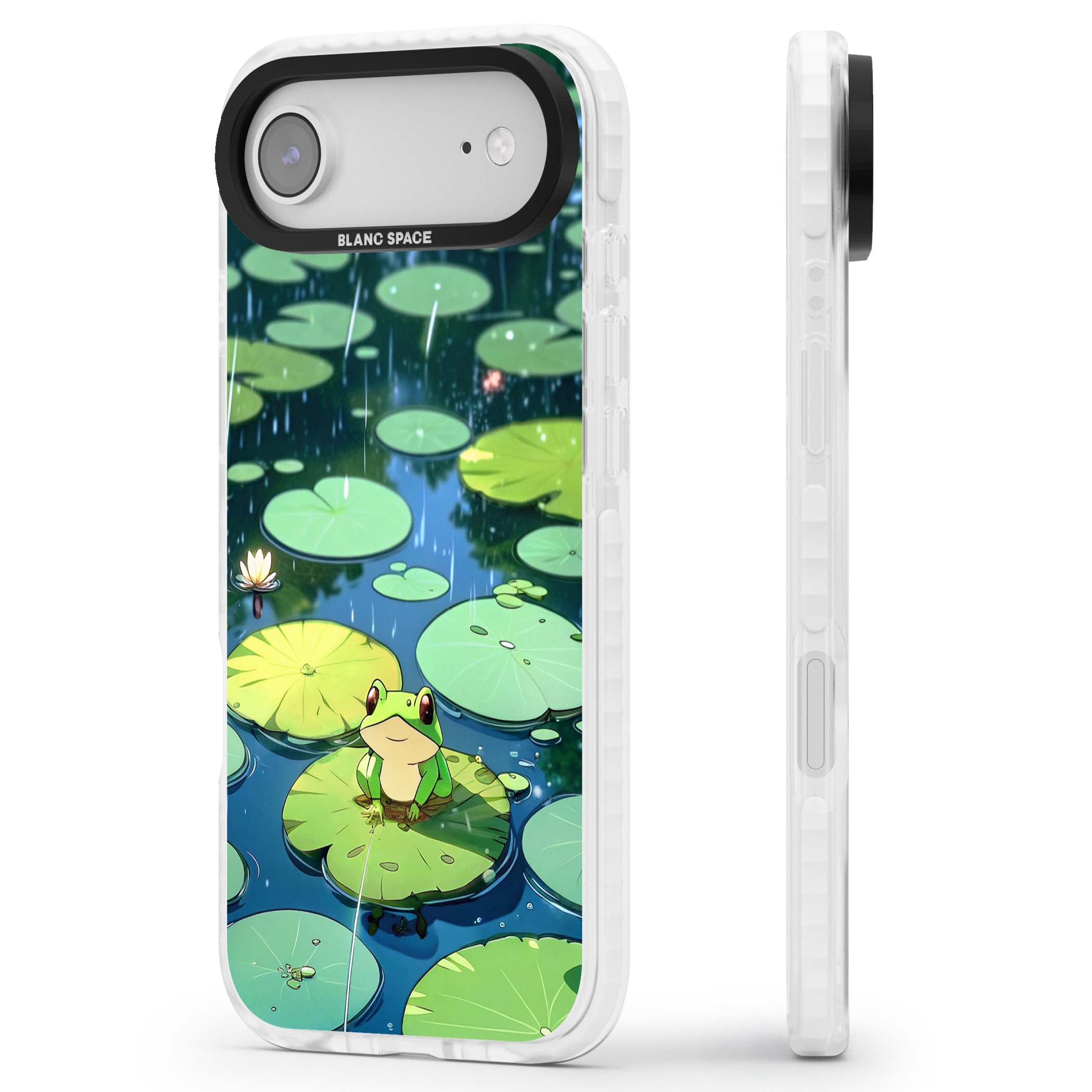 Frog In Lily Pond cottagecore iPhone case featuring a cute green frog on a lily pad with falling rain and a lotus flower | Black Impact case for iPhone Air
