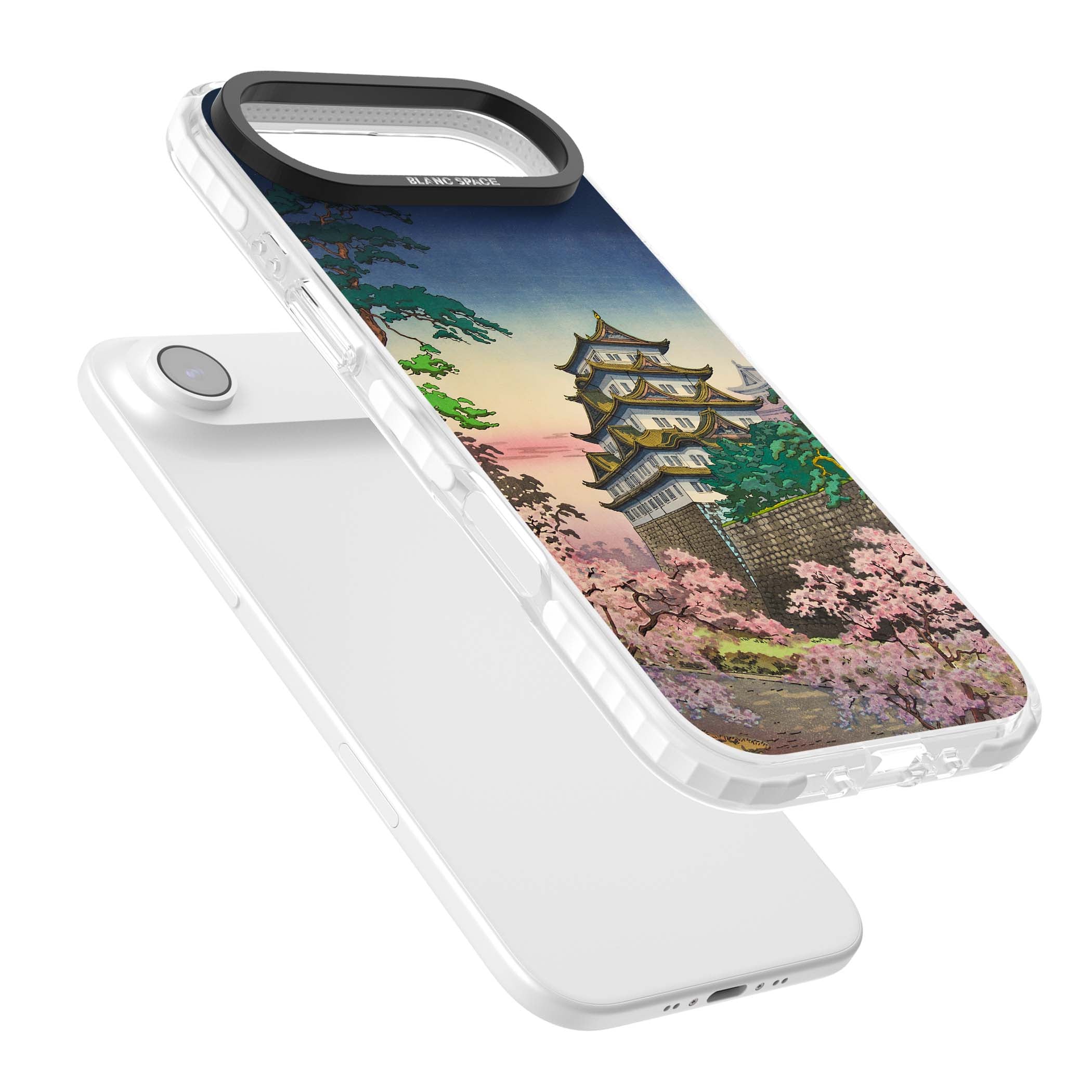 Nagoya Castle Japanese iPhone case featuring a vintage pagoda, twilight sky and cherry blossom trees | Black Impact case for iPhone Air