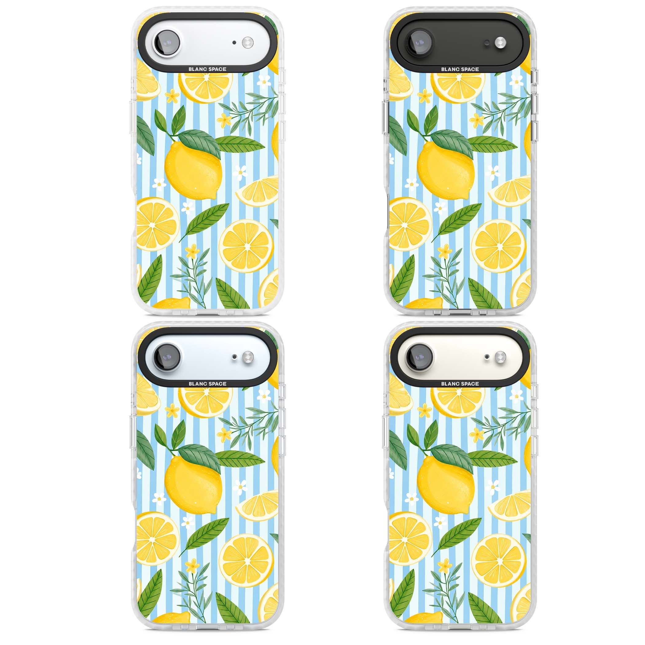 Capri Citrus Stripe coastal iPhone case featuring yellow lemons, blue stripes, and white daisy blossoms | Black Impact case for iPhone Air