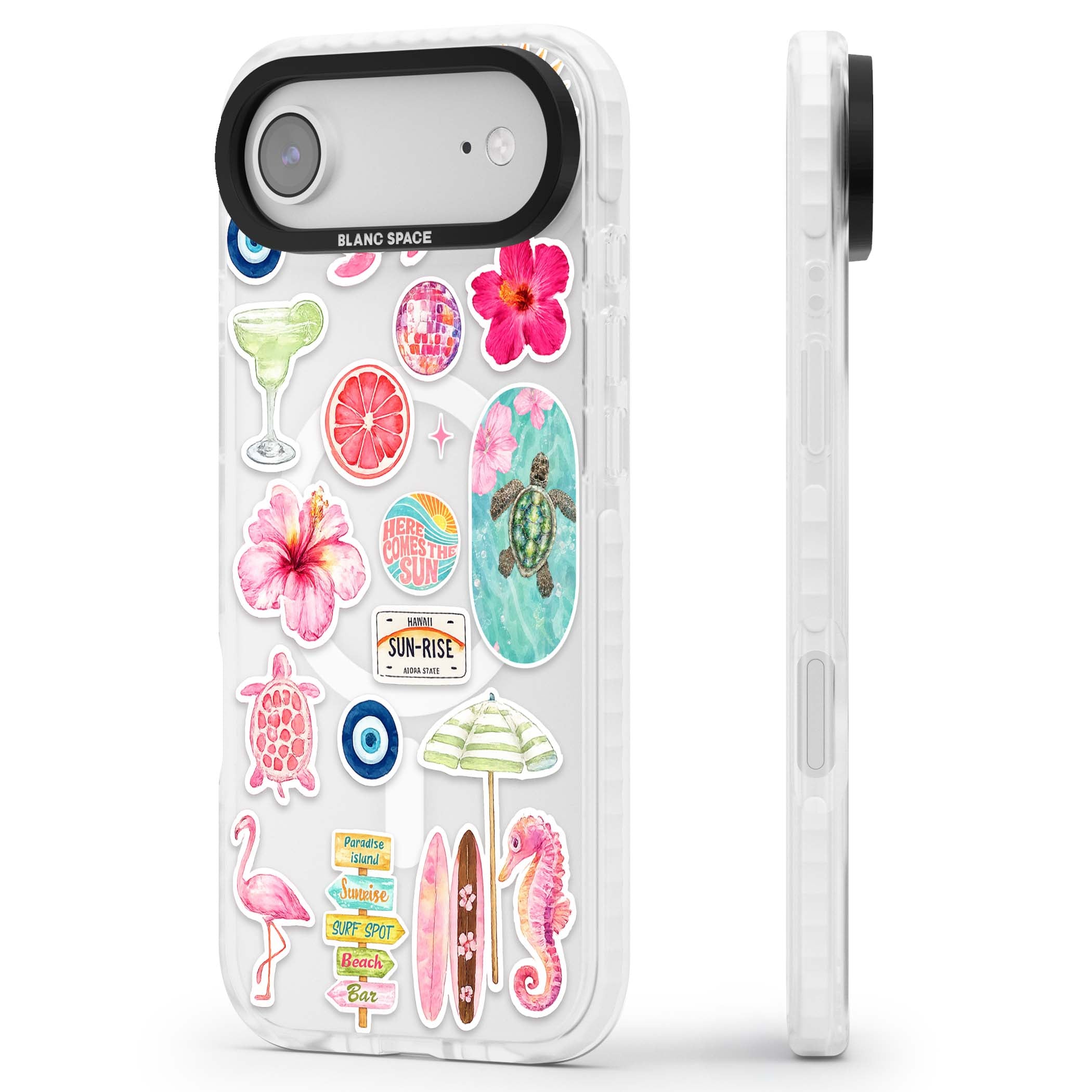 Aloha Sticker Mix tropical summer iPhone case featuring pink hibiscus, sea turtles, flamingo and beach umbrella stickers | Impact Magsafe case for iPhone Air