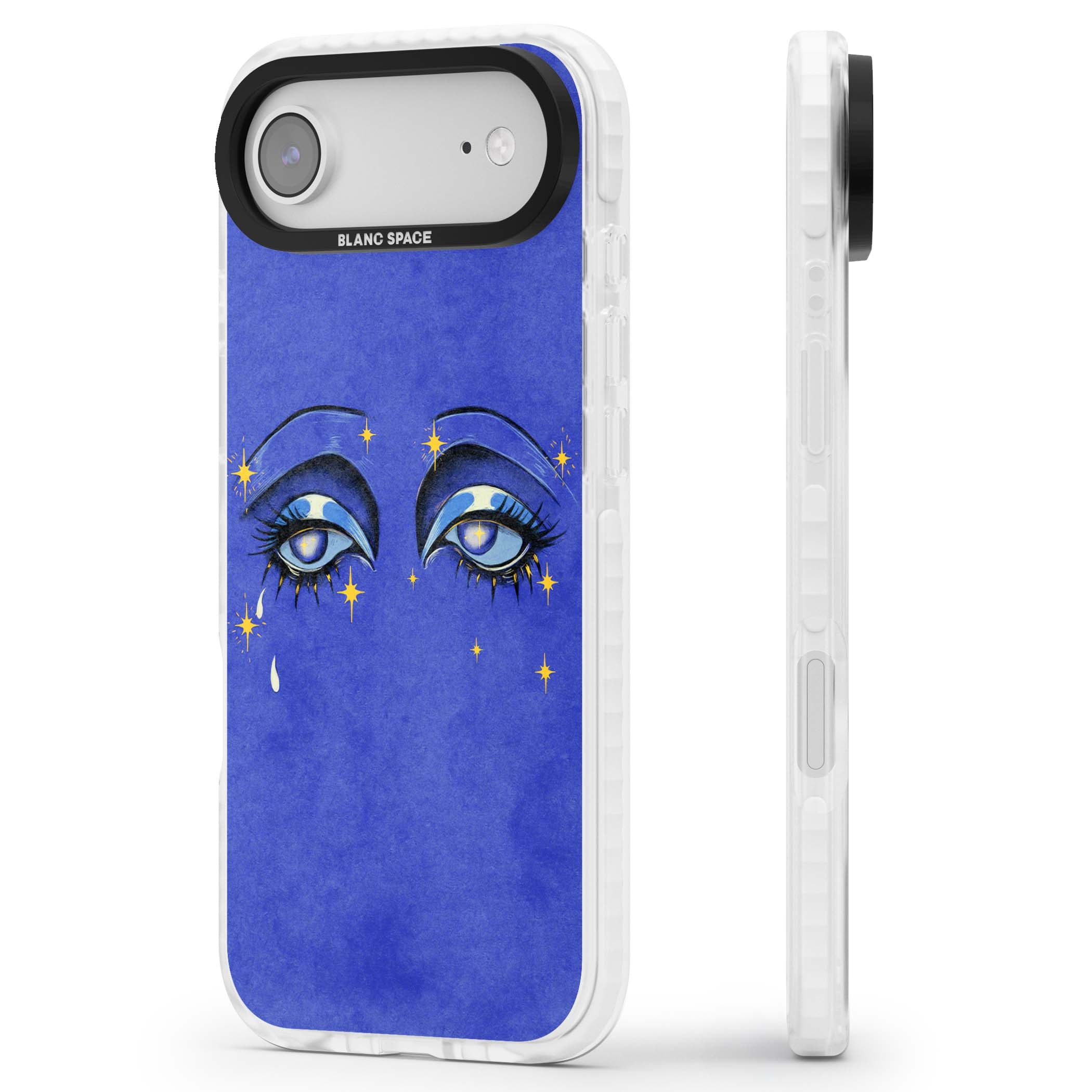 Blue Mystic Eyes celestial iPhone case featuring hand drawn blue mystical eyes, golden stars and a painted tear on indigo | Impact Magsafe case for iPhone Air
