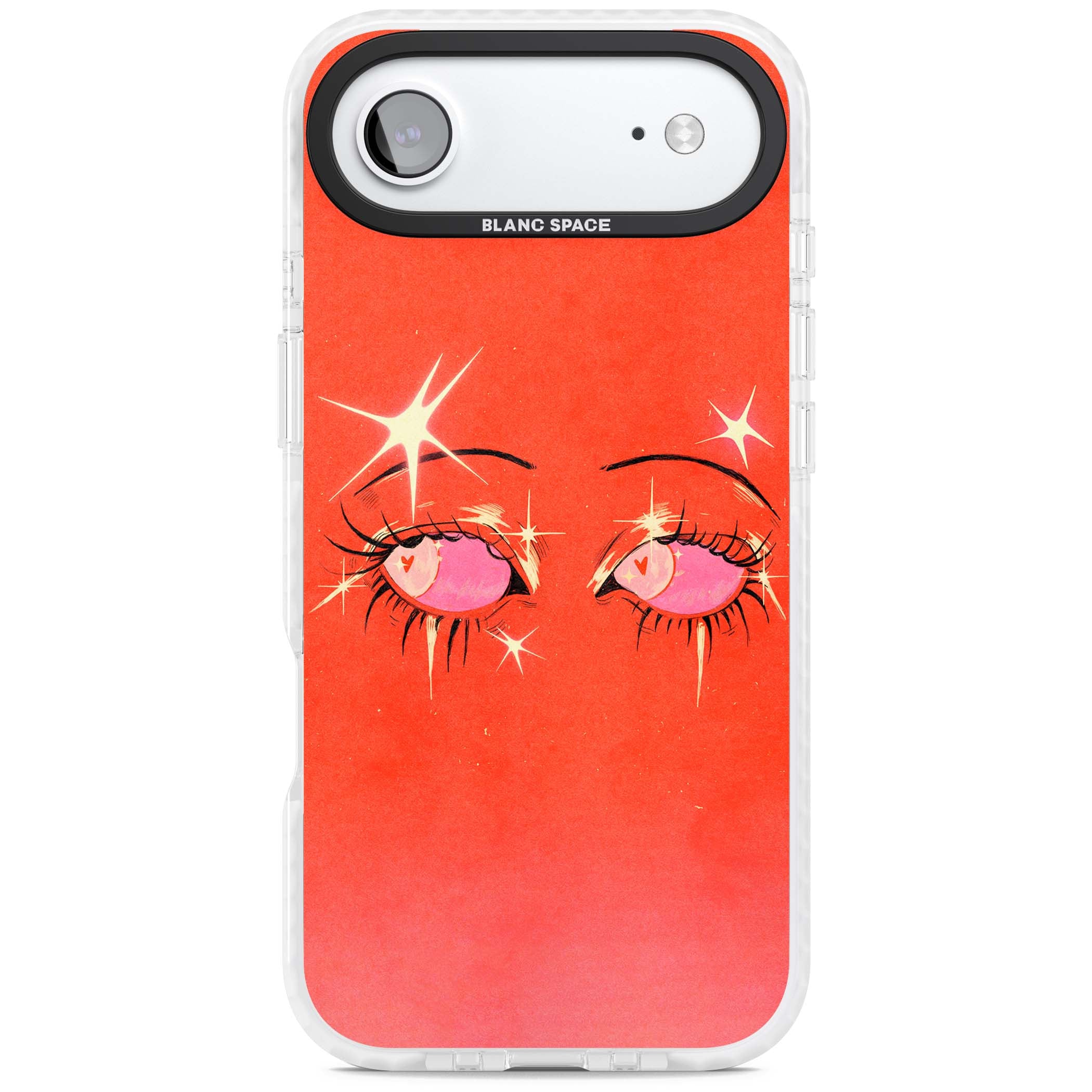 Pink Ethereal Eyes anime iPhone case featuring hand-drawn sparkly eyes with pink hearts and gold stars on red | Impact Magsafe case for iPhone Air