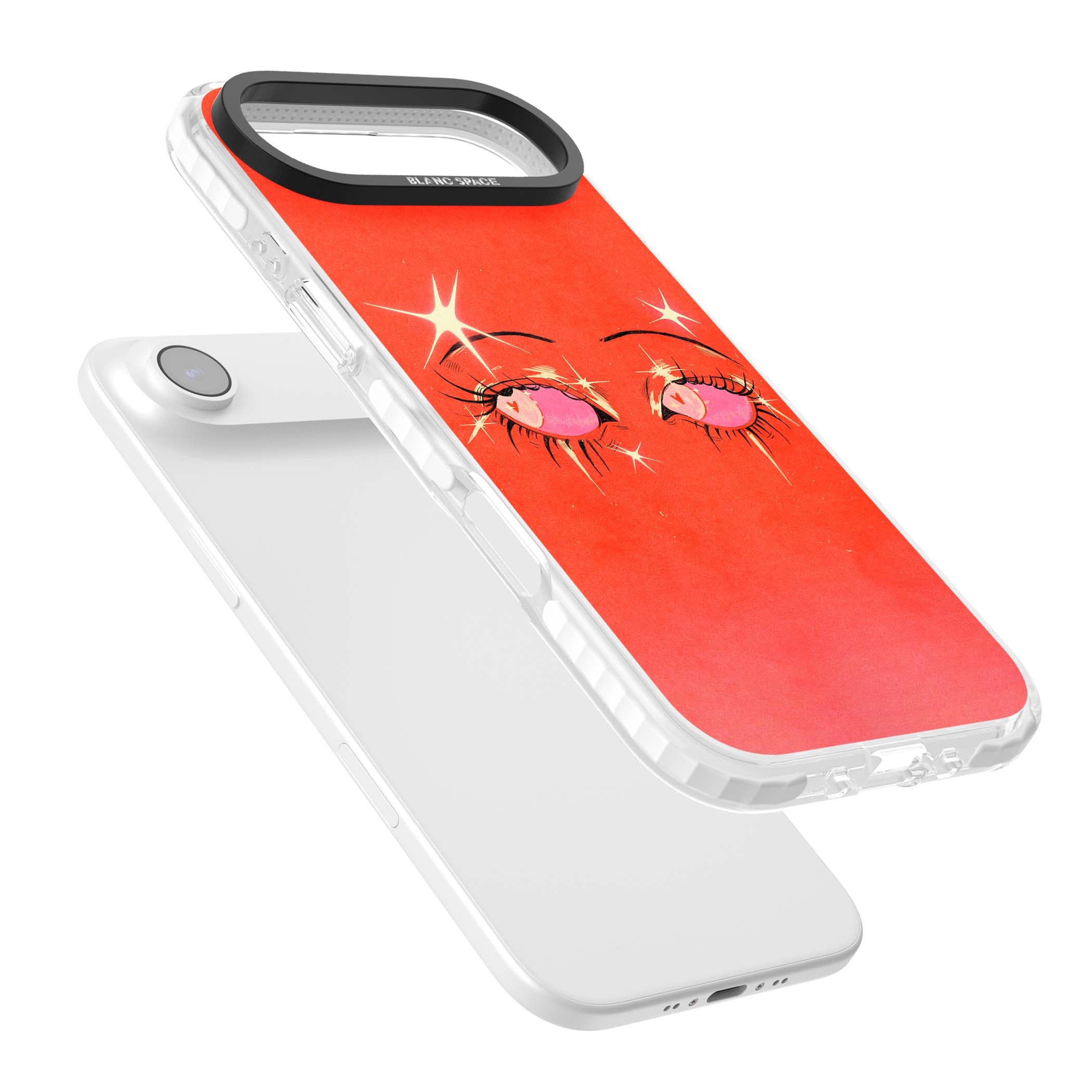 Pink Ethereal Eyes anime iPhone case featuring hand-drawn sparkly eyes with pink hearts and gold stars on red | Impact Magsafe case for iPhone Air