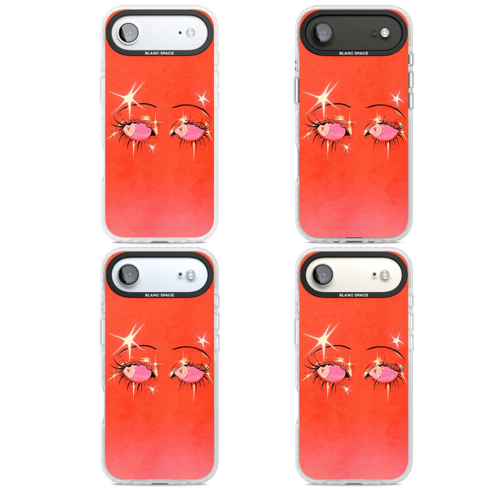 Pink Ethereal Eyes anime iPhone case featuring hand-drawn sparkly eyes with pink hearts and gold stars on red | Impact Magsafe case for iPhone Air