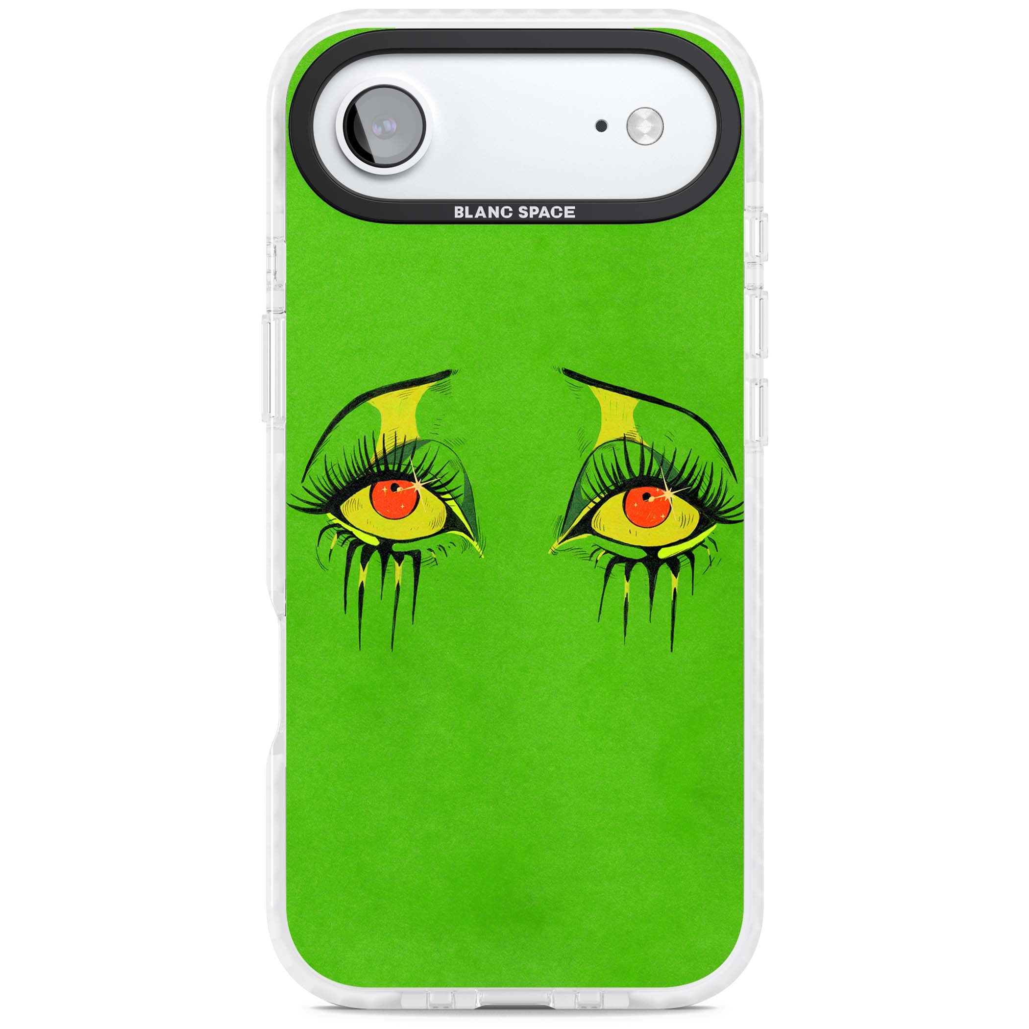 Green Enchanted Eyes psychedelic art iPhone case featuring hand-drawn dripping eyes on neon green background | Impact Magsafe case for iPhone Air