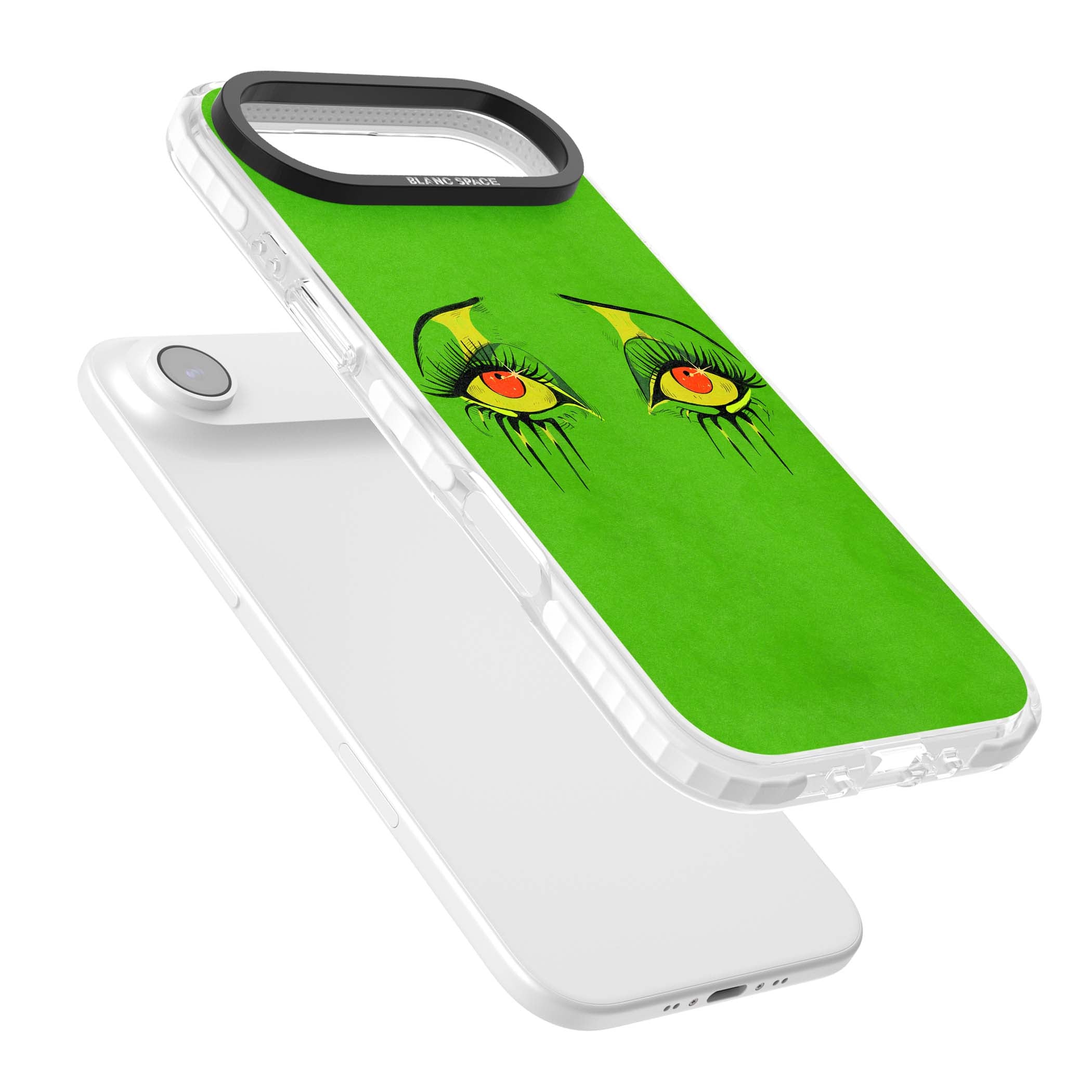 Green Enchanted Eyes psychedelic art iPhone case featuring hand-drawn dripping eyes on neon green background | Impact Magsafe case for iPhone Air