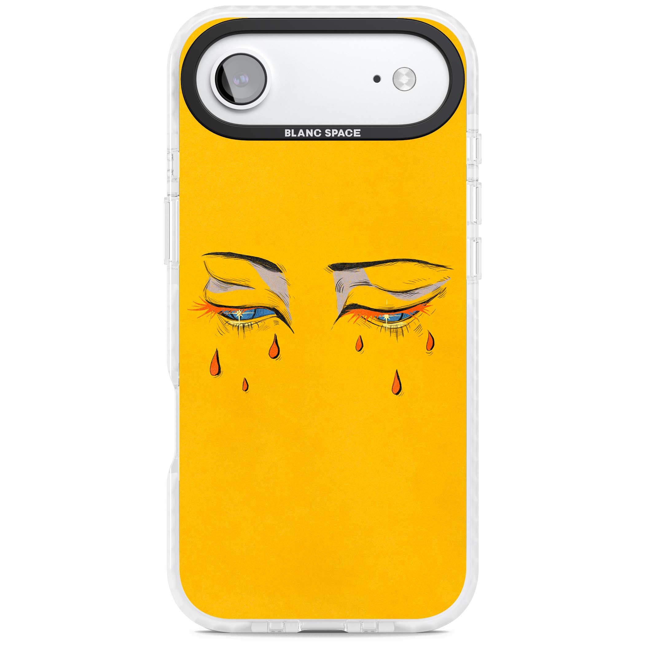 Yellow Tearful Eyes indie iPhone case featuring hand-drawn crying eyes with orange tears on a yellow background | Impact Magsafe case for iPhone Air