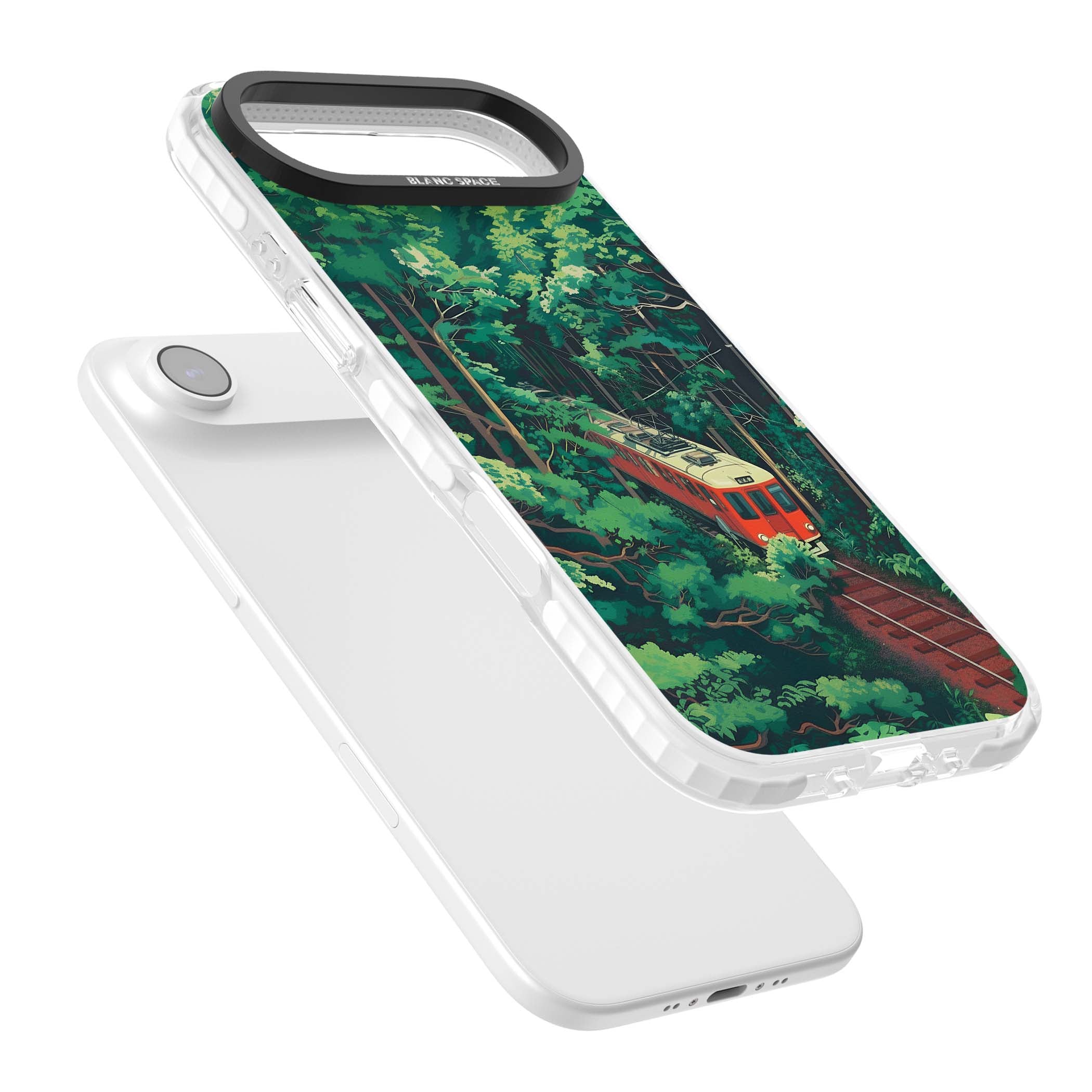 Railway In Toyama Japanese iPhone case featuring a red train, cedar forest and winding mountain railway tracks | Impact Magsafe case for iPhone Air