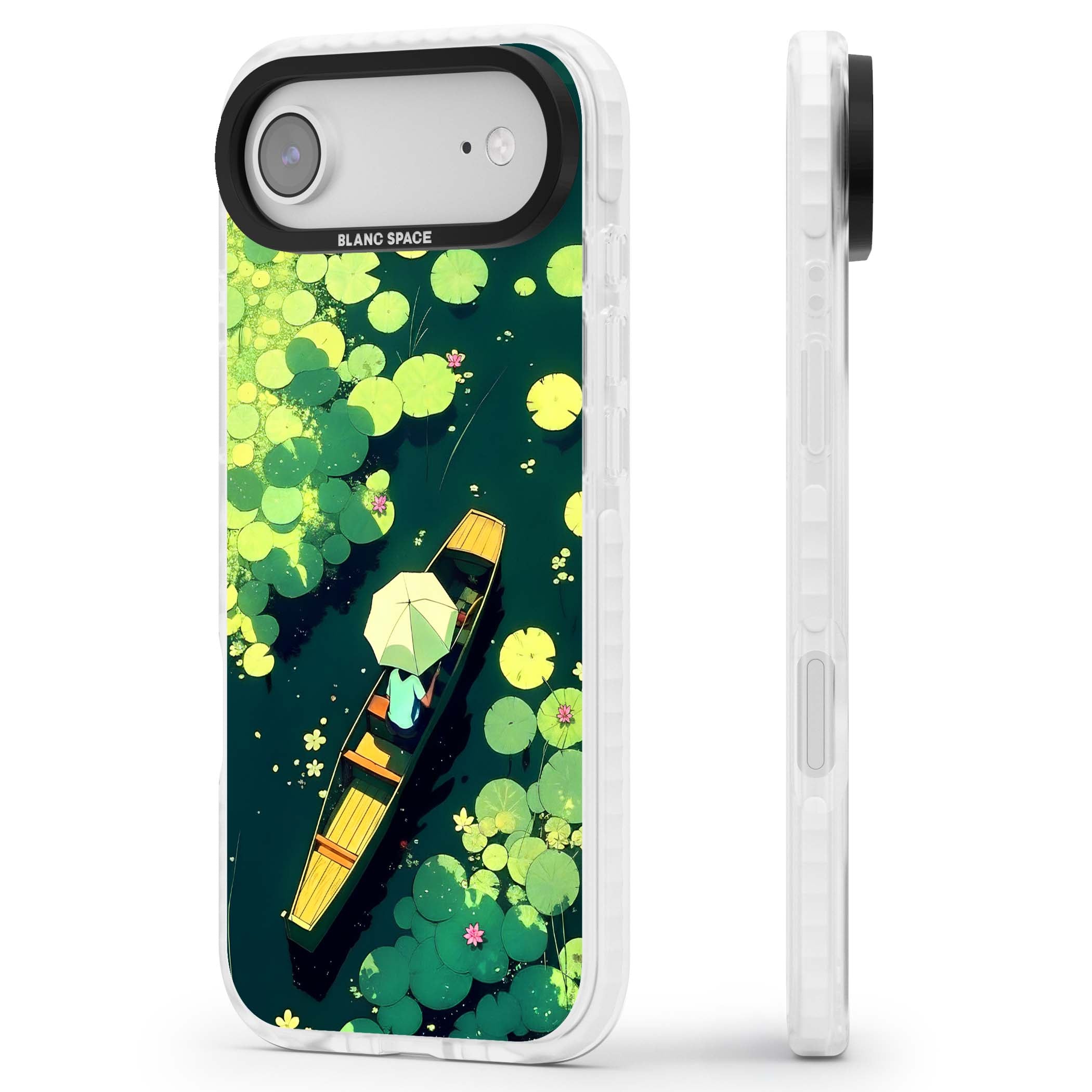 Jade Waters cottagecore iPhone case featuring a painted lily pond, wooden boat with parasol and floating water lilies | Impact Magsafe case for iPhone Air