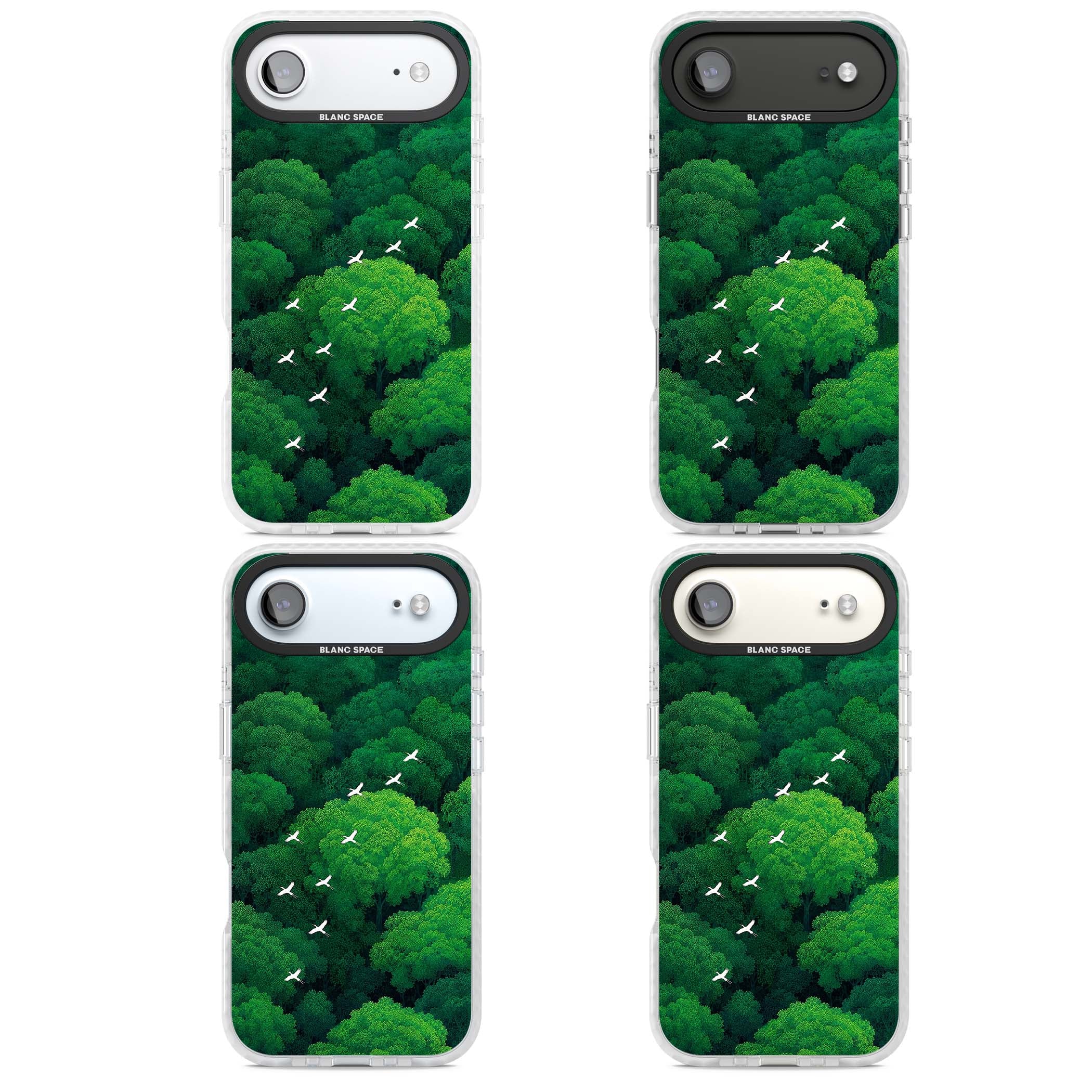 Grove Migration forest iPhone case featuring white cranes flying over lush green treetop canopy | Impact Magsafe case for iPhone Air