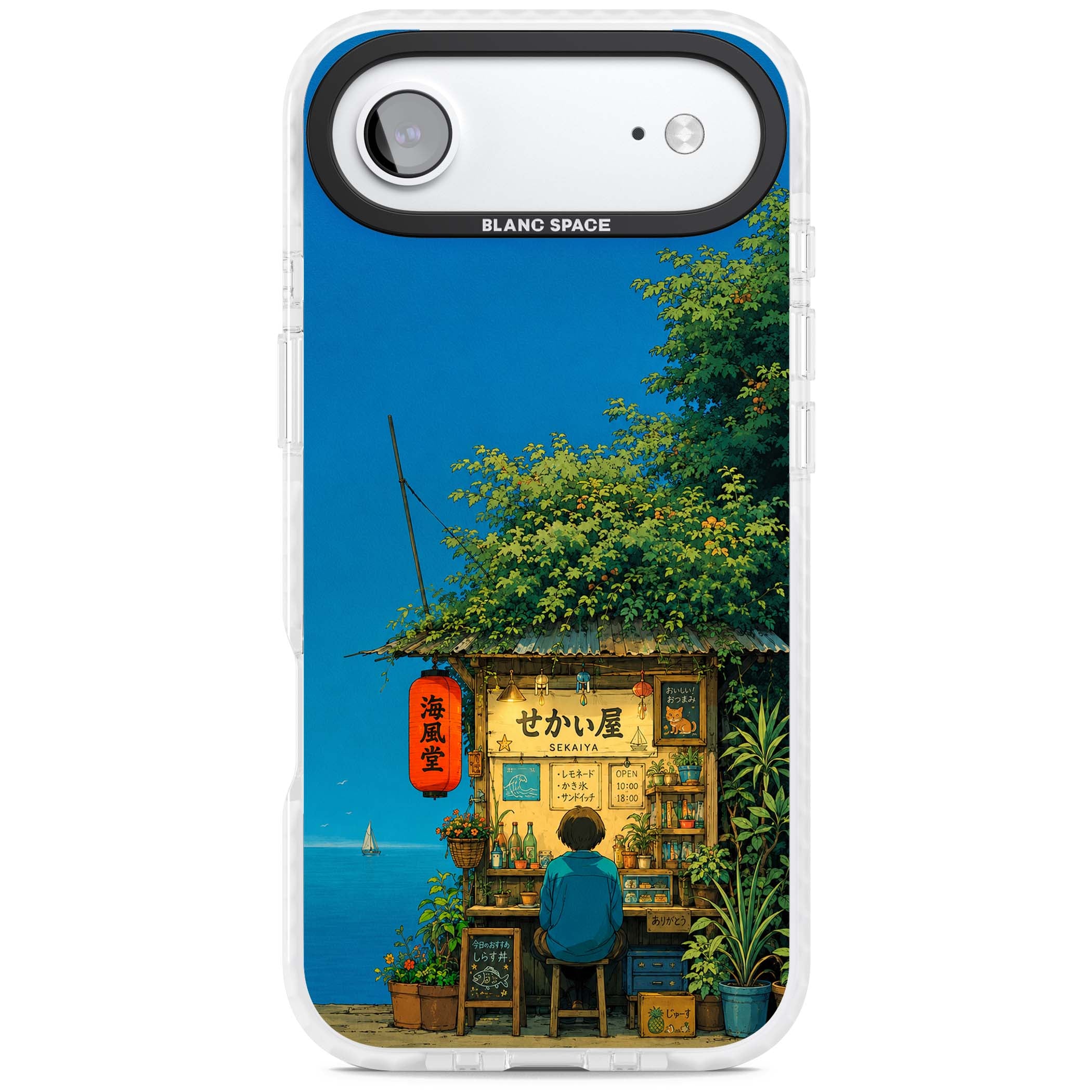 The Shirahama Kiosk anime iPhone case featuring a Japanese seaside shop, red paper lantern and ocean view | Impact Magsafe case for iPhone Air