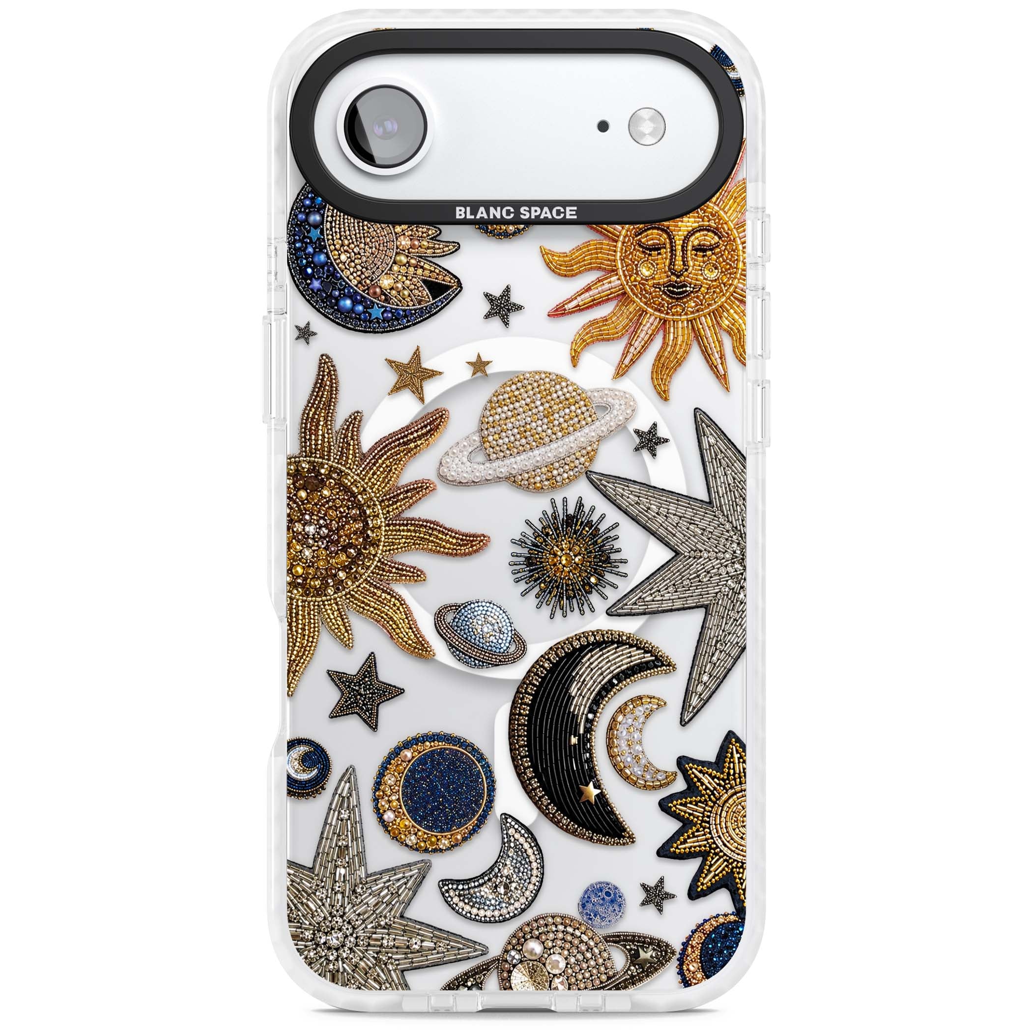 Beaded Cosmos celestial iPhone case featuring embroidered golden suns, beaded planets and silver shooting stars | Impact Magsafe case for iPhone Air
