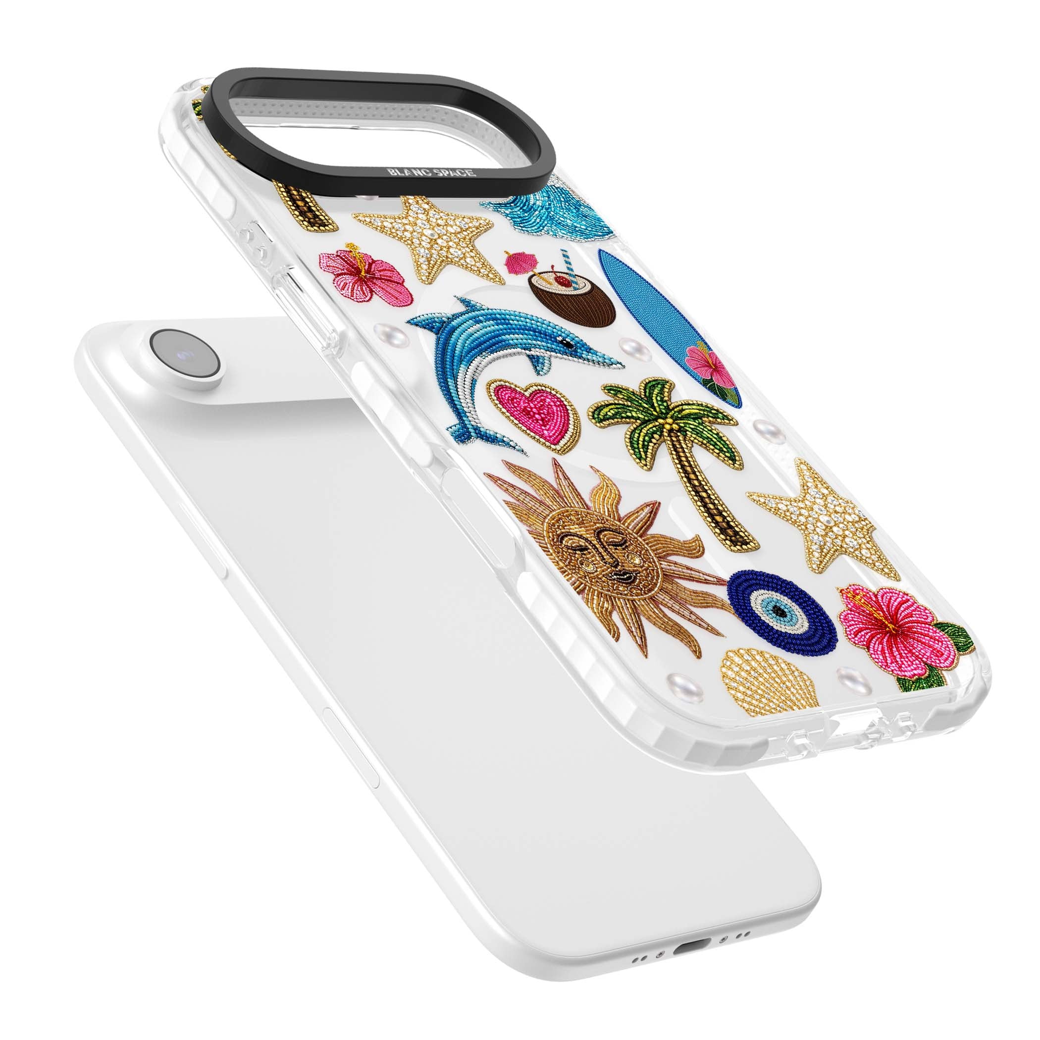Beaded Beach coastal summer iPhone case featuring embroidered evil eye, hibiscus flowers, dolphin and palm tree patches | Impact Magsafe case for iPhone Air
