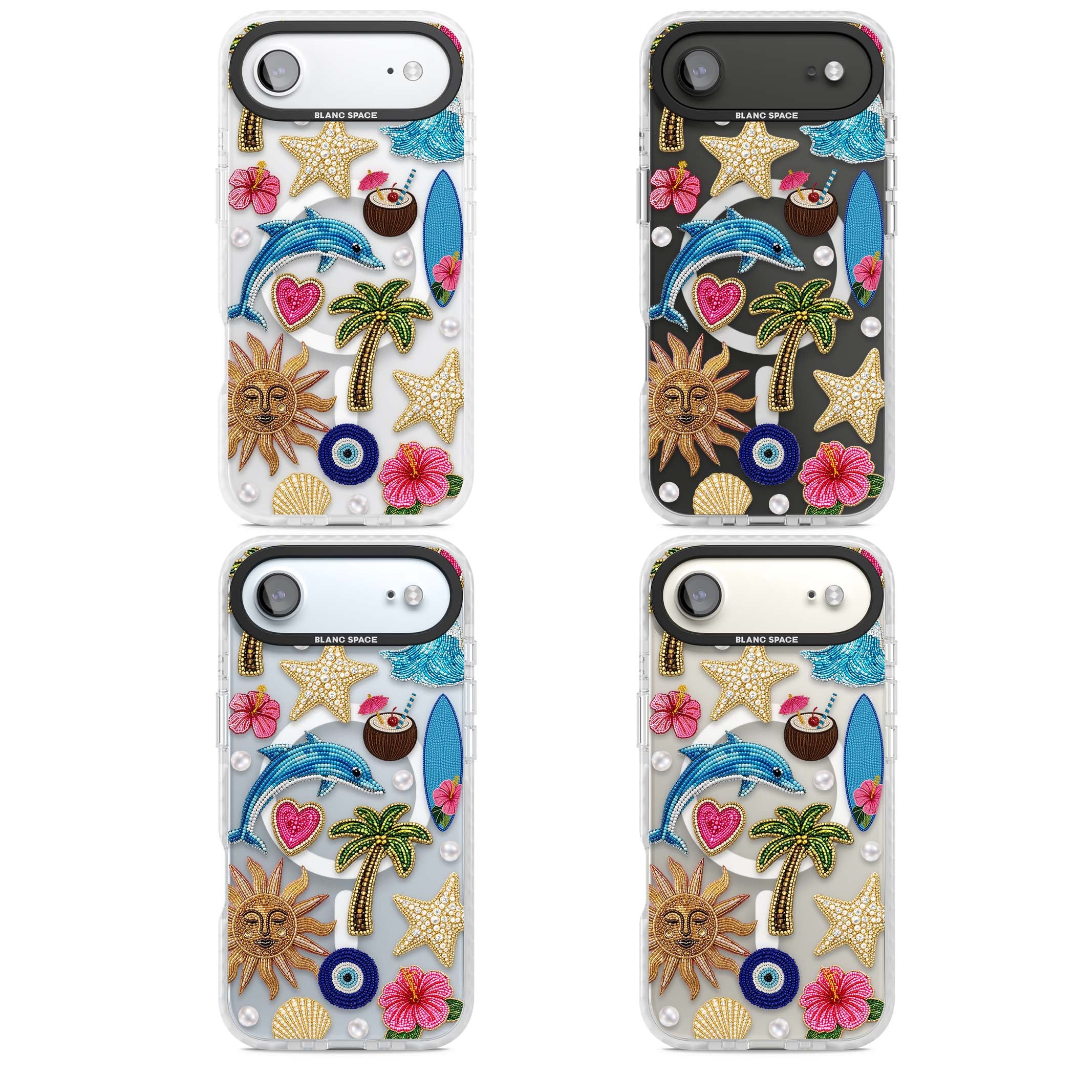 Beaded Beach coastal summer iPhone case featuring embroidered evil eye, hibiscus flowers, dolphin and palm tree patches | Impact Magsafe case for iPhone Air