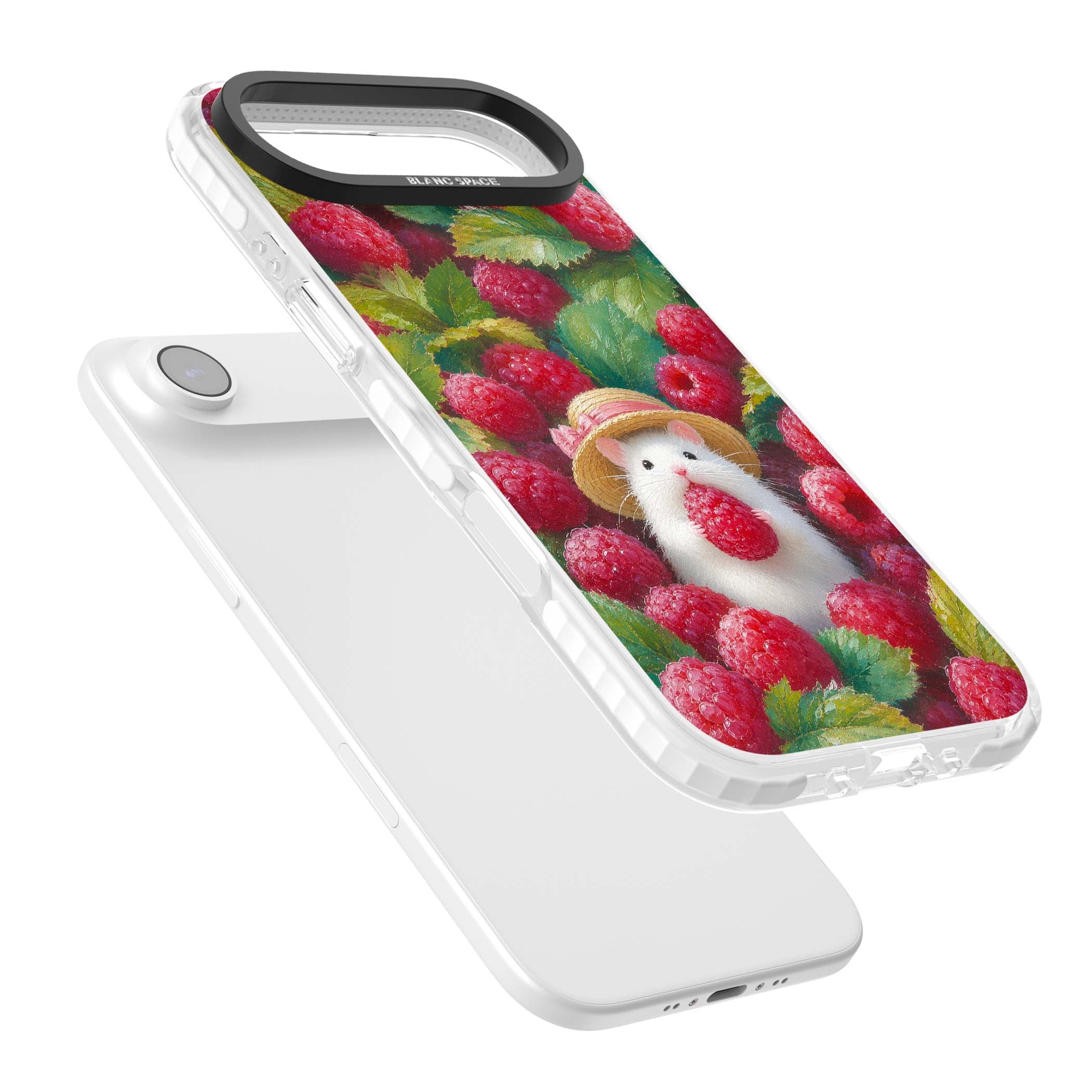 Berry Forager cottagecore iPhone case featuring a white hamster in a straw hat holding a raspberry surrounded by ripe ber | Impact Magsafe case for iPhone Air