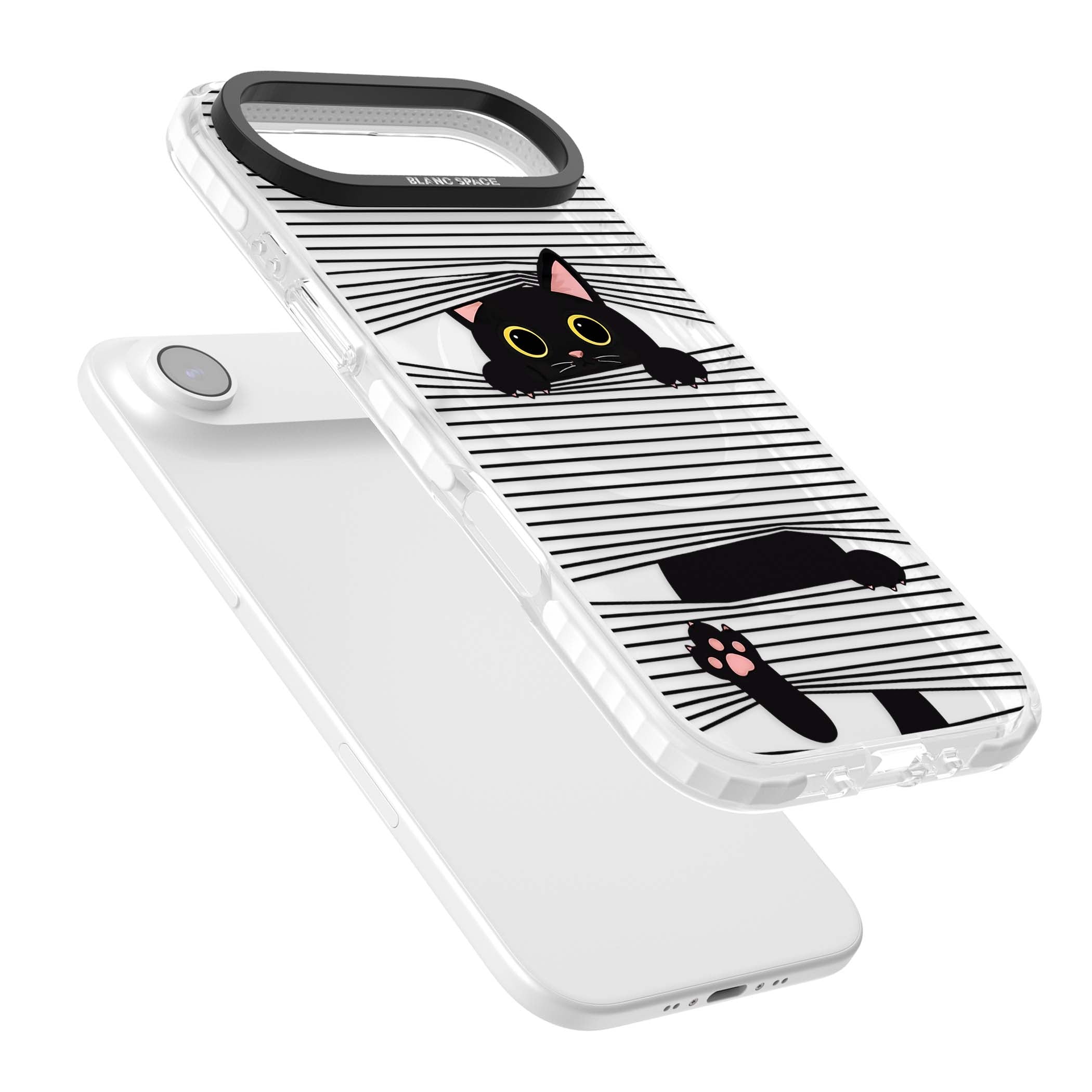 Peek-a-Boo Cat minimal iPhone case featuring black cat peeking through horizontal black and white stripes | Impact Magsafe case for iPhone Air